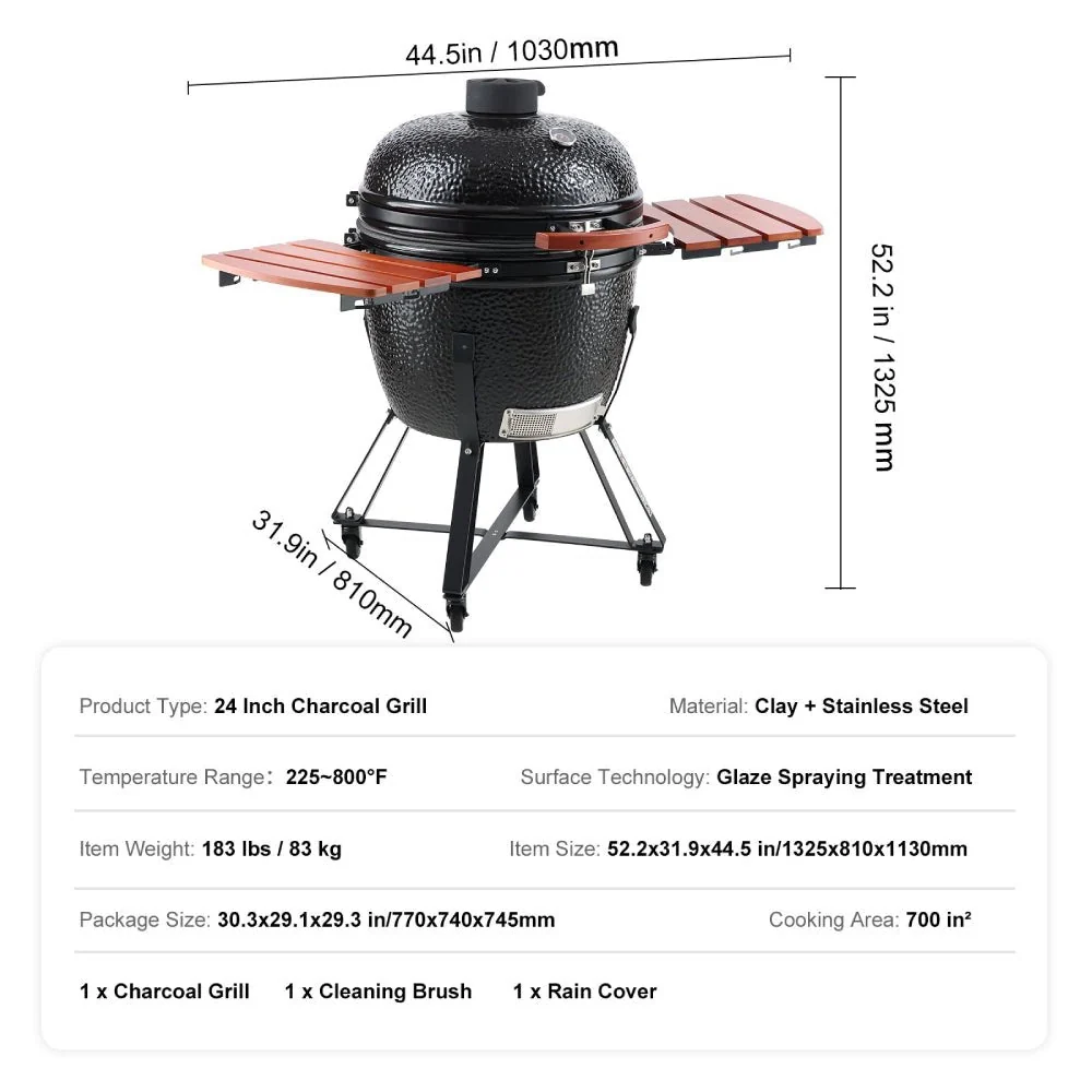 24" Ceramic Portable Round Outdoor Barbecue Smoker Grill For Patio (93820572) - Image 11