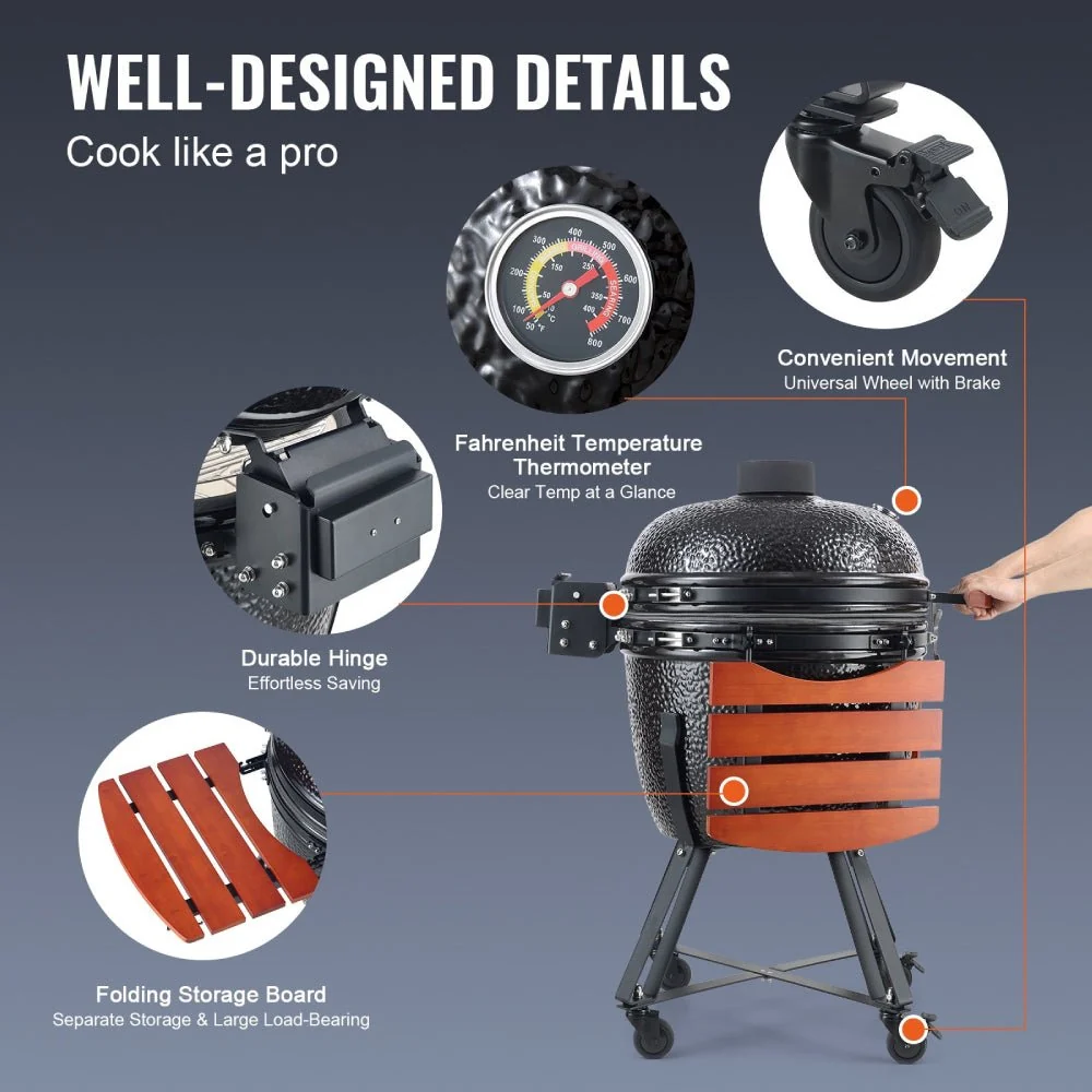 24" Ceramic Portable Round Outdoor Barbecue Smoker Grill For Patio (93820572) - Image 12