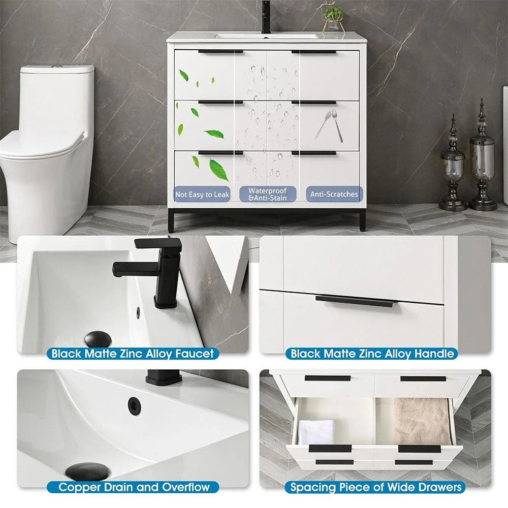 36'' Bathroom Vanity Set With Ceramic Sinks And MDF Drawer Cabinets (94283517) - Image 3