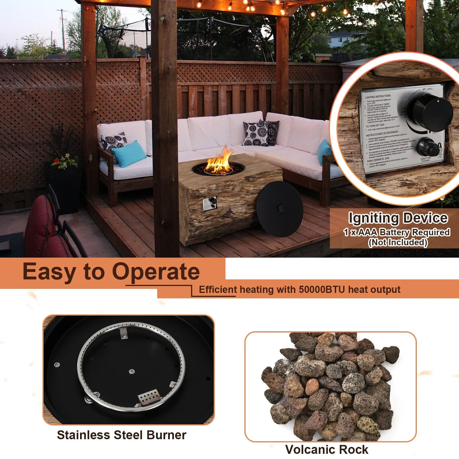 40" Rectangular Propane Fire Pit Table W/ Rocks & Gas Kit, 50K BTU (95421411) - Image 5
