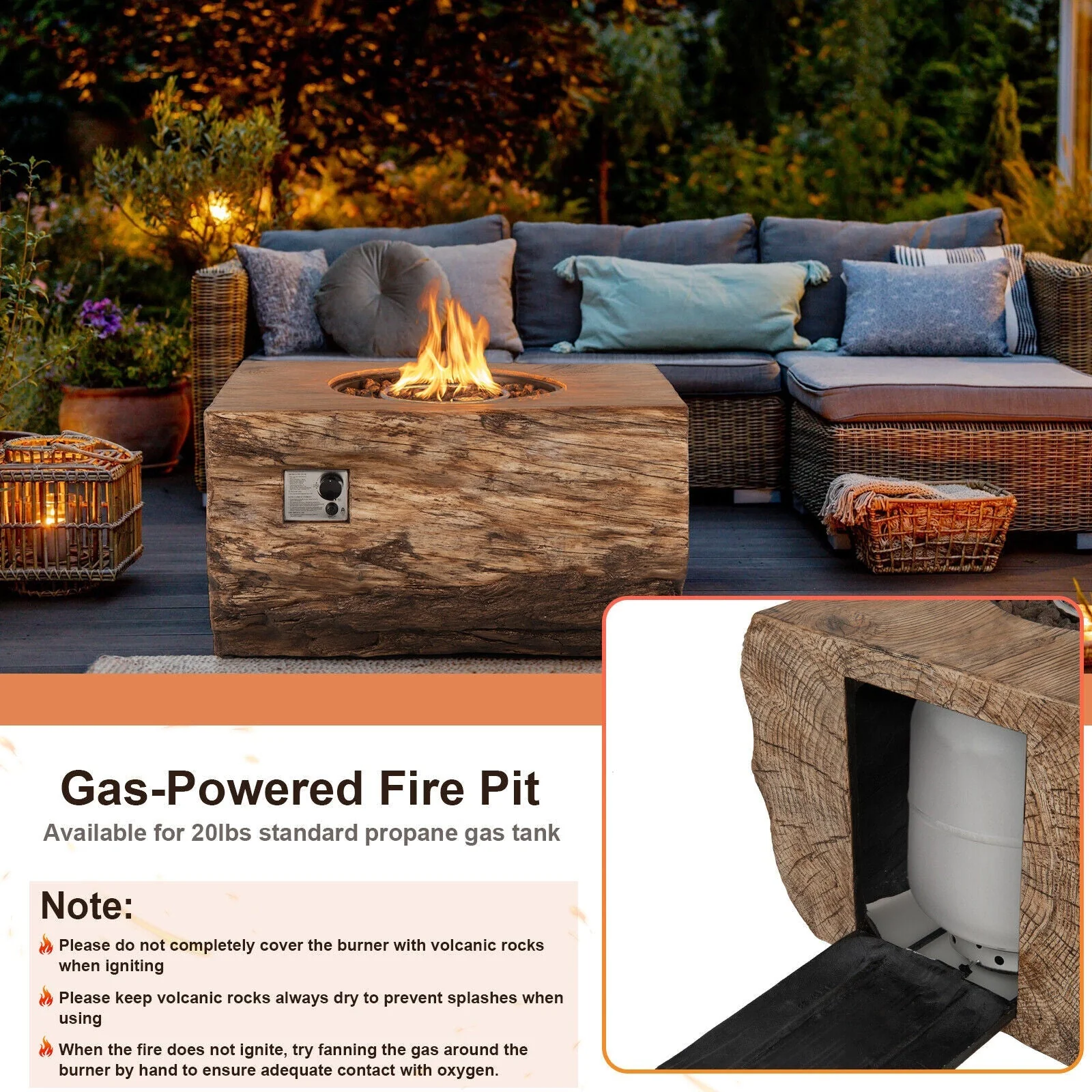 40" Rectangular Propane Fire Pit Table W/ Rocks & Gas Kit, 50K BTU (95421411) - Image 6