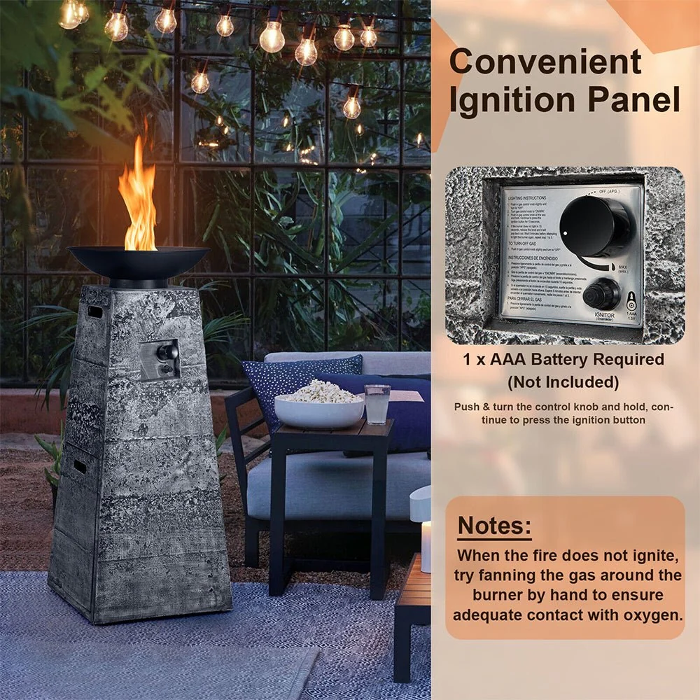 48" Large Outdoor Propane Fire Bowl Column With Cover & Lava Rocks (96173485) - Image 2