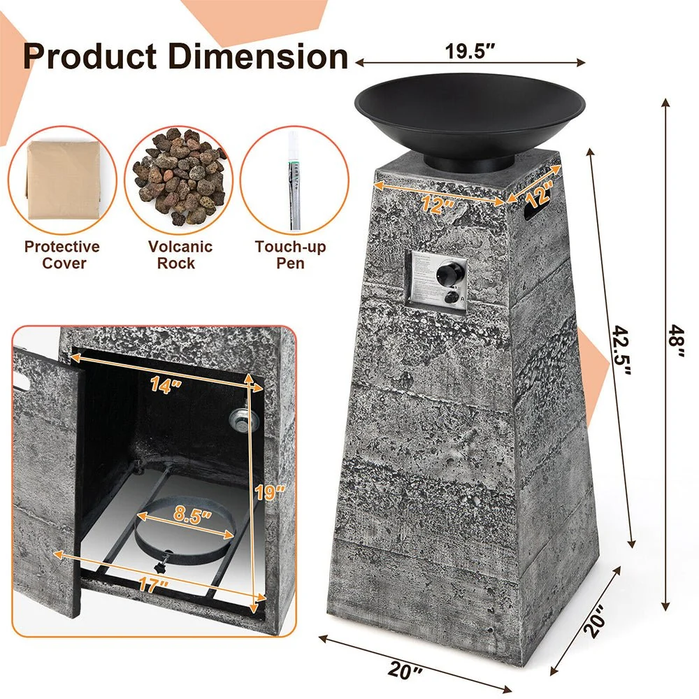 48" Large Outdoor Propane Fire Bowl Column With Cover & Lava Rocks (96173485) - Image 8