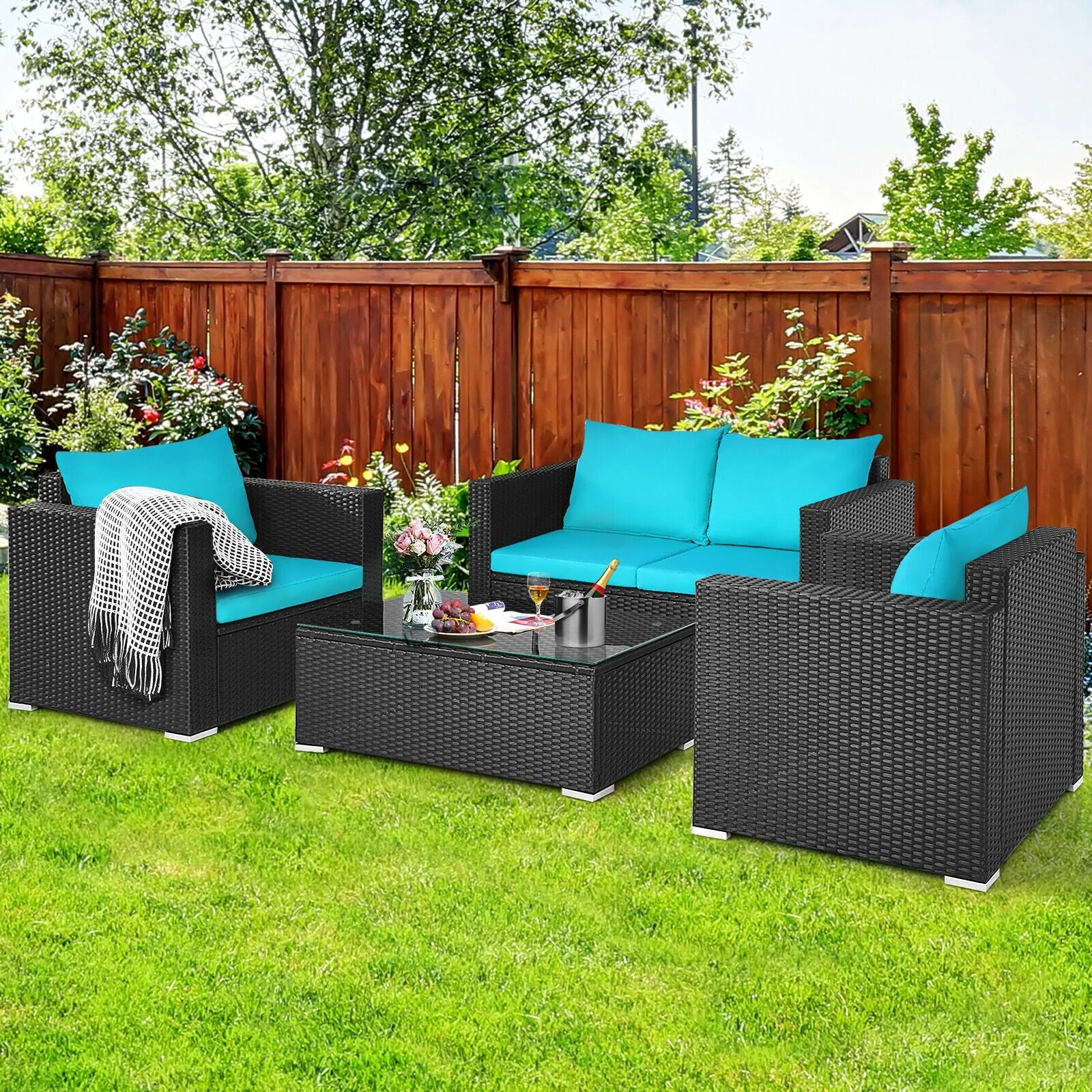 4PCS Outdoor Rattan Wicker Patio Furniture Set With Turquoise Cushions (97145368) - Image 2