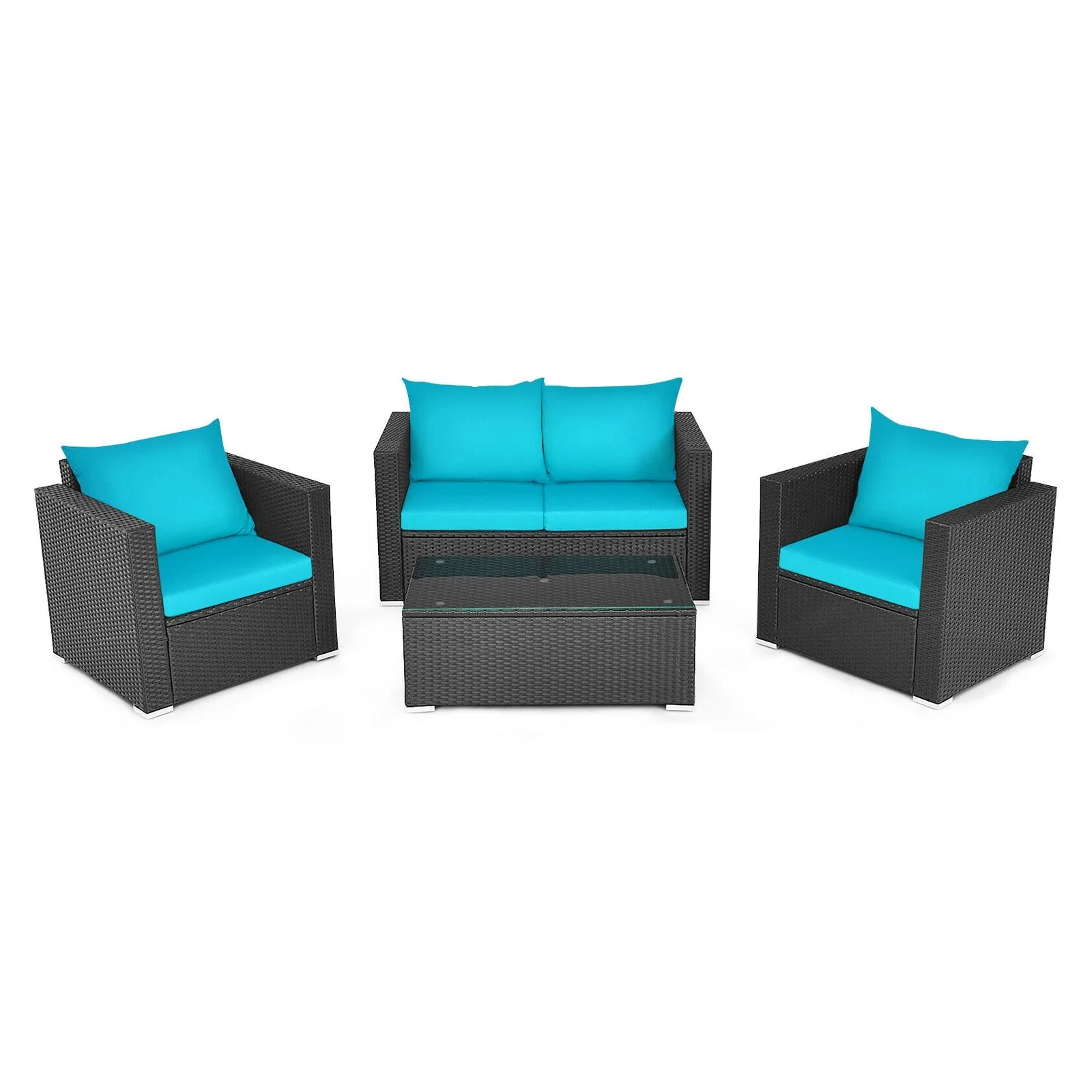 4PCS Outdoor Rattan Wicker Patio Furniture Set With Turquoise Cushions (97145368) - Image 3