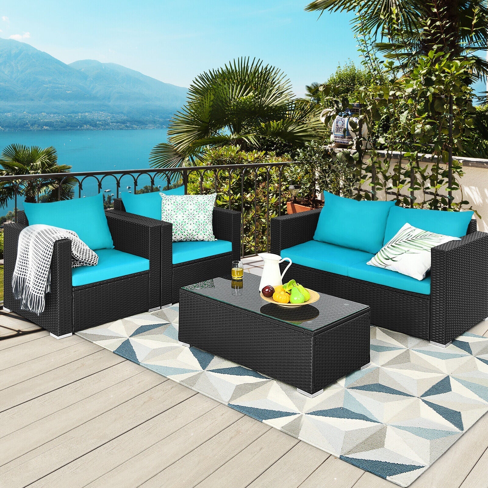 4PCS Outdoor Rattan Wicker Patio Furniture Set With Turquoise Cushions (97145368) - Image 4