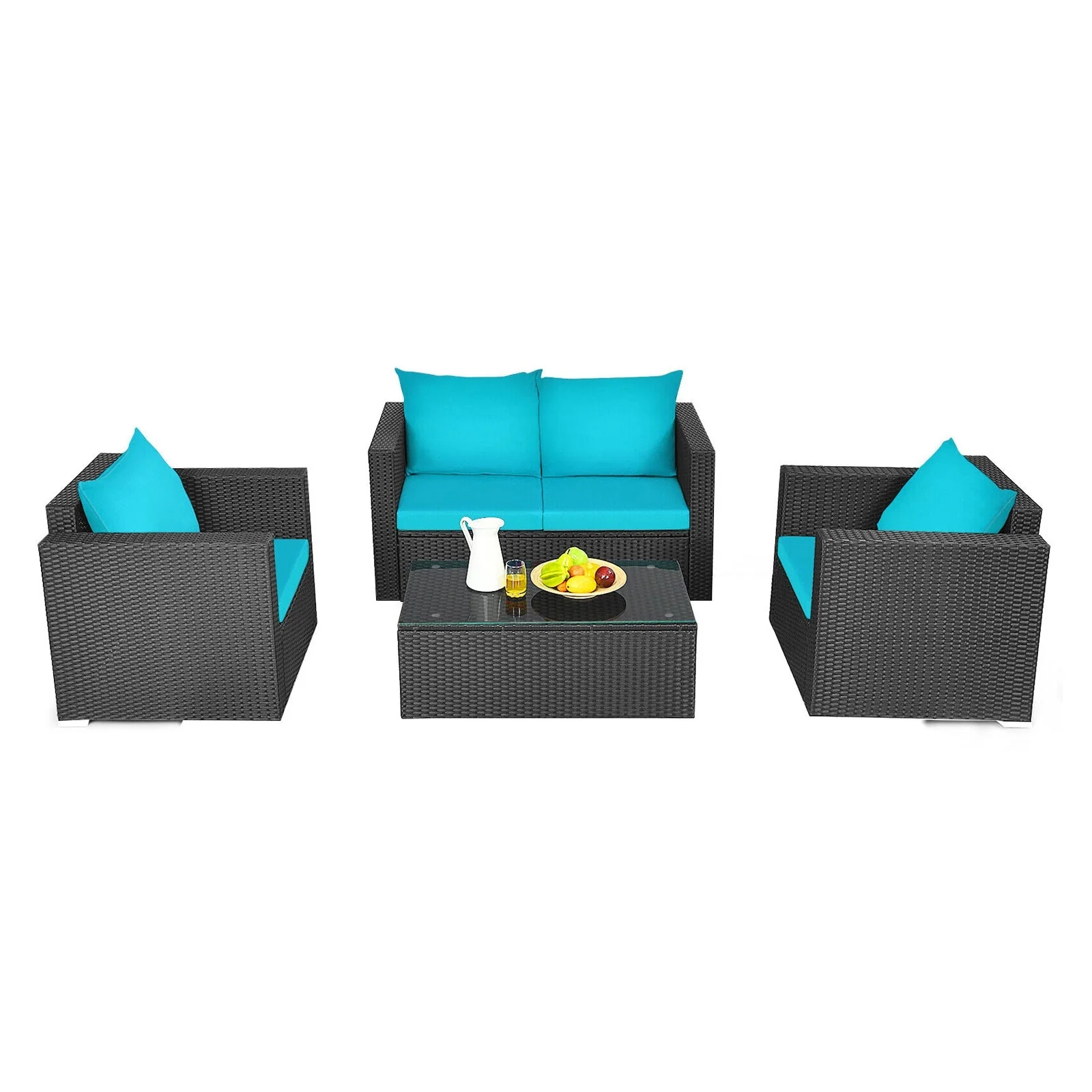 4PCS Outdoor Rattan Wicker Patio Furniture Set With Turquoise Cushions (97145368) - Image 5