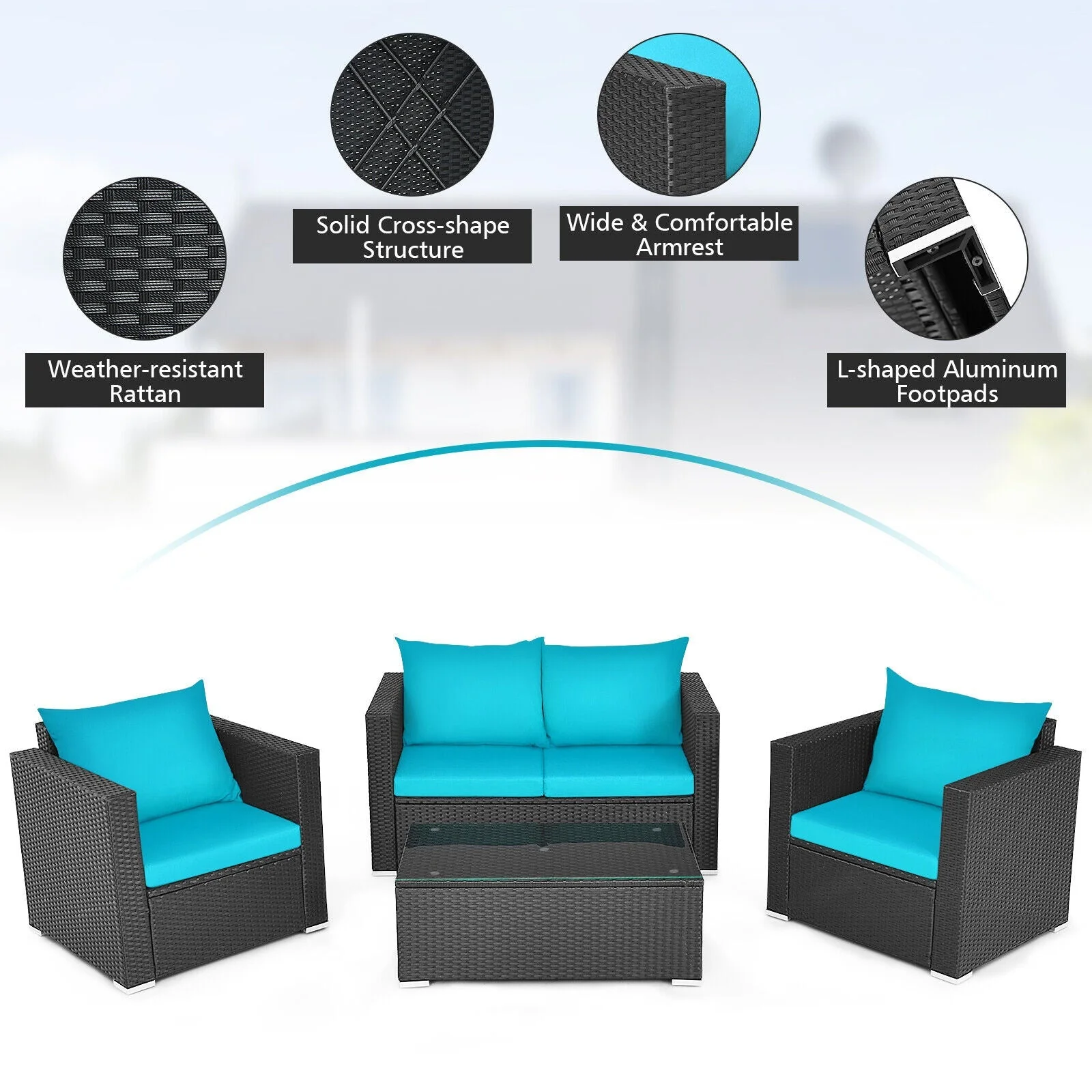 4PCS Outdoor Rattan Wicker Patio Furniture Set With Turquoise Cushions (97145368) - Image 6