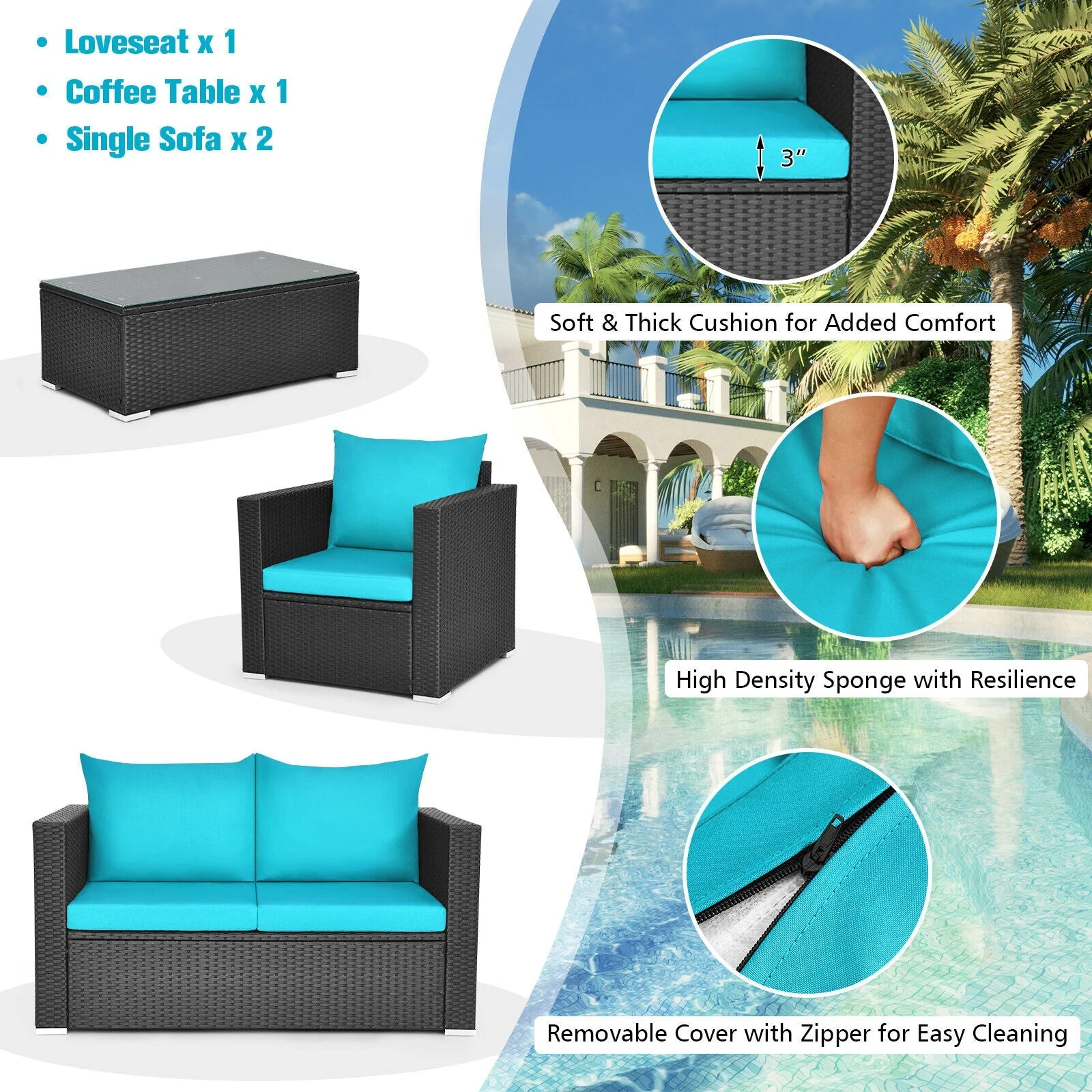 4PCS Outdoor Rattan Wicker Patio Furniture Set With Turquoise Cushions (97145368) - Image 7