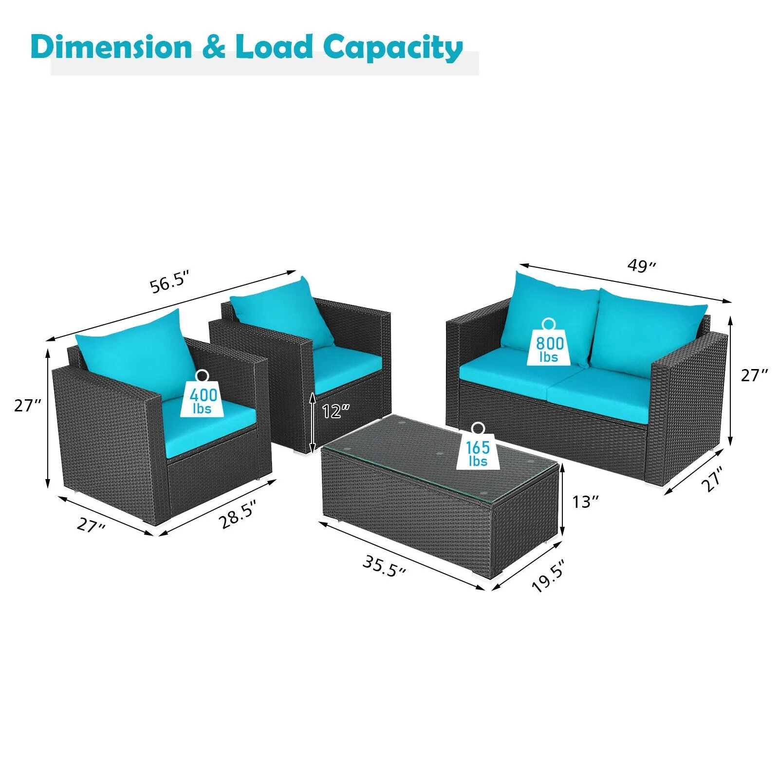 4PCS Outdoor Rattan Wicker Patio Furniture Set With Turquoise Cushions (97145368) - Image 8