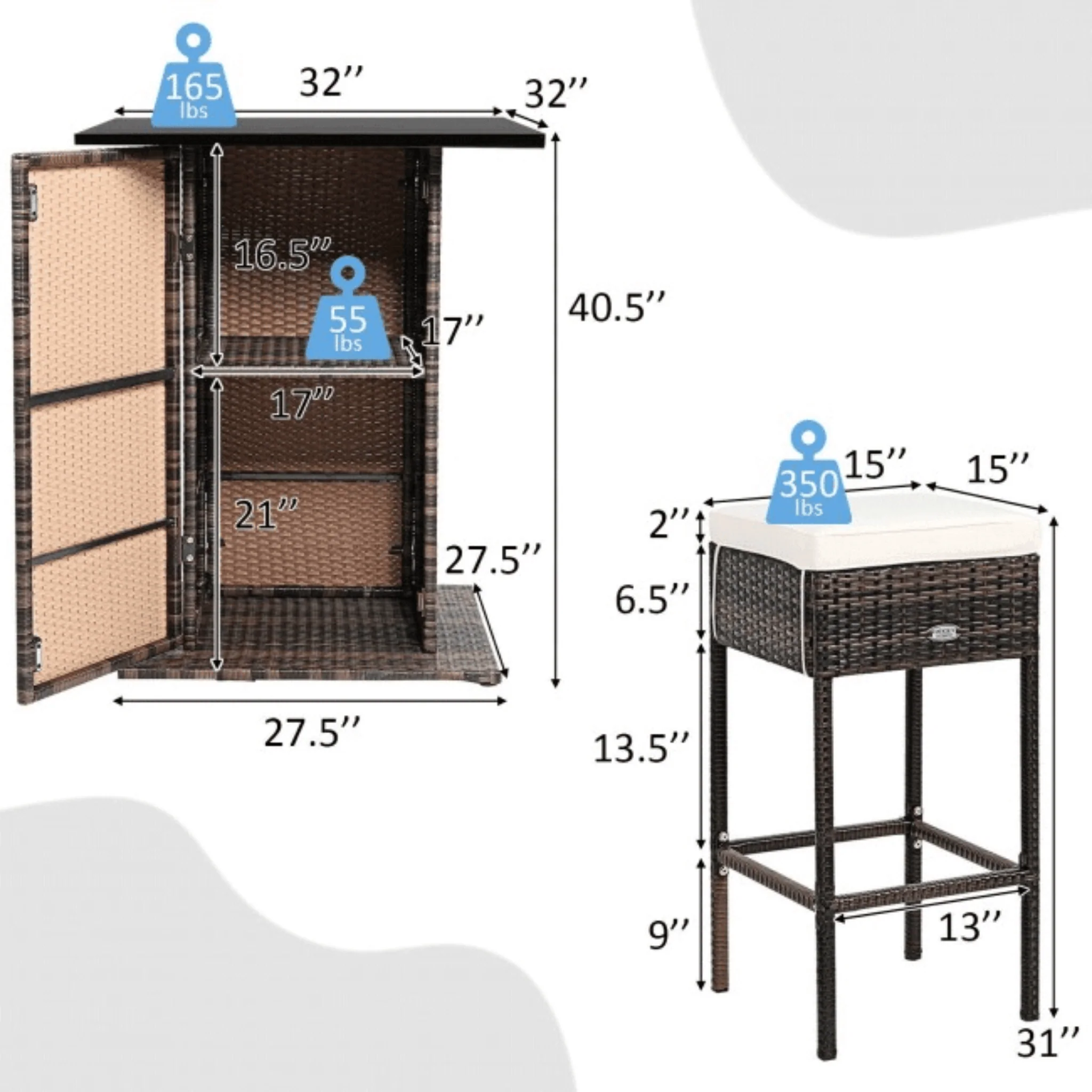 5PCS Patio Rattan Bar Table Stool Set With Hidden Storage Shelf & Cushions - Image 10