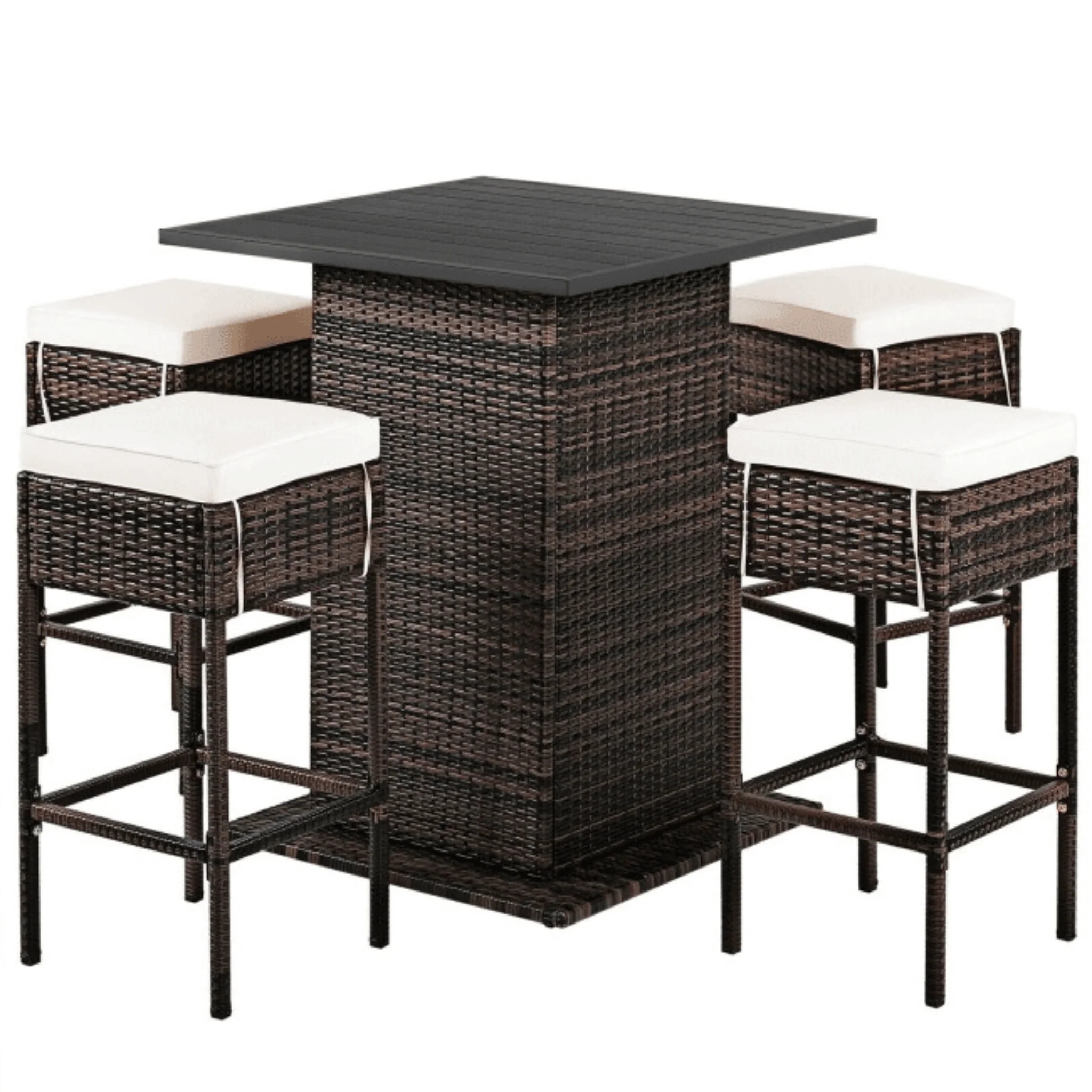 5PCS Patio Rattan Bar Table Stool Set With Hidden Storage Shelf & Cushions - Image 3