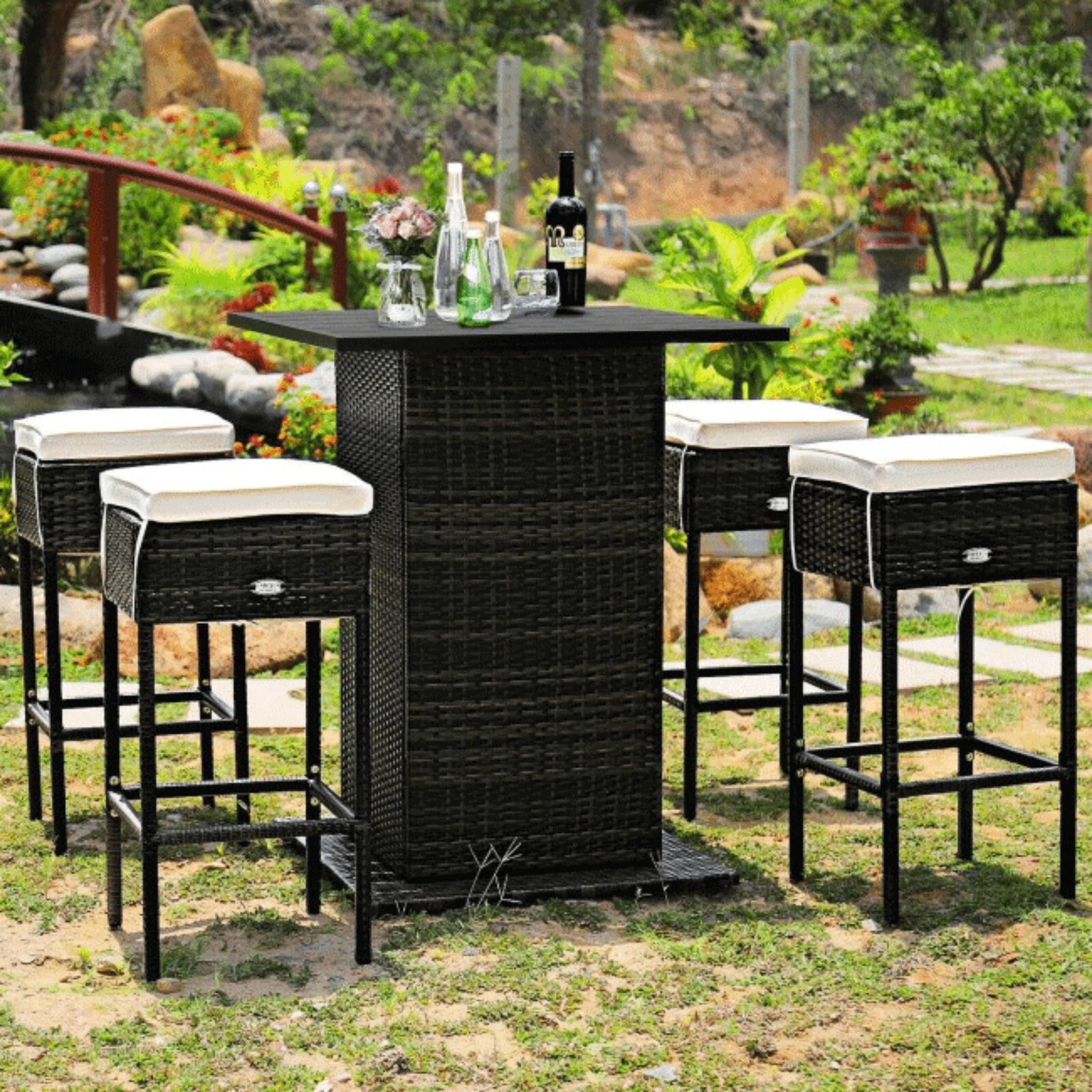 5PCS Patio Rattan Bar Table Stool Set With Hidden Storage Shelf & Cushions - Image 5