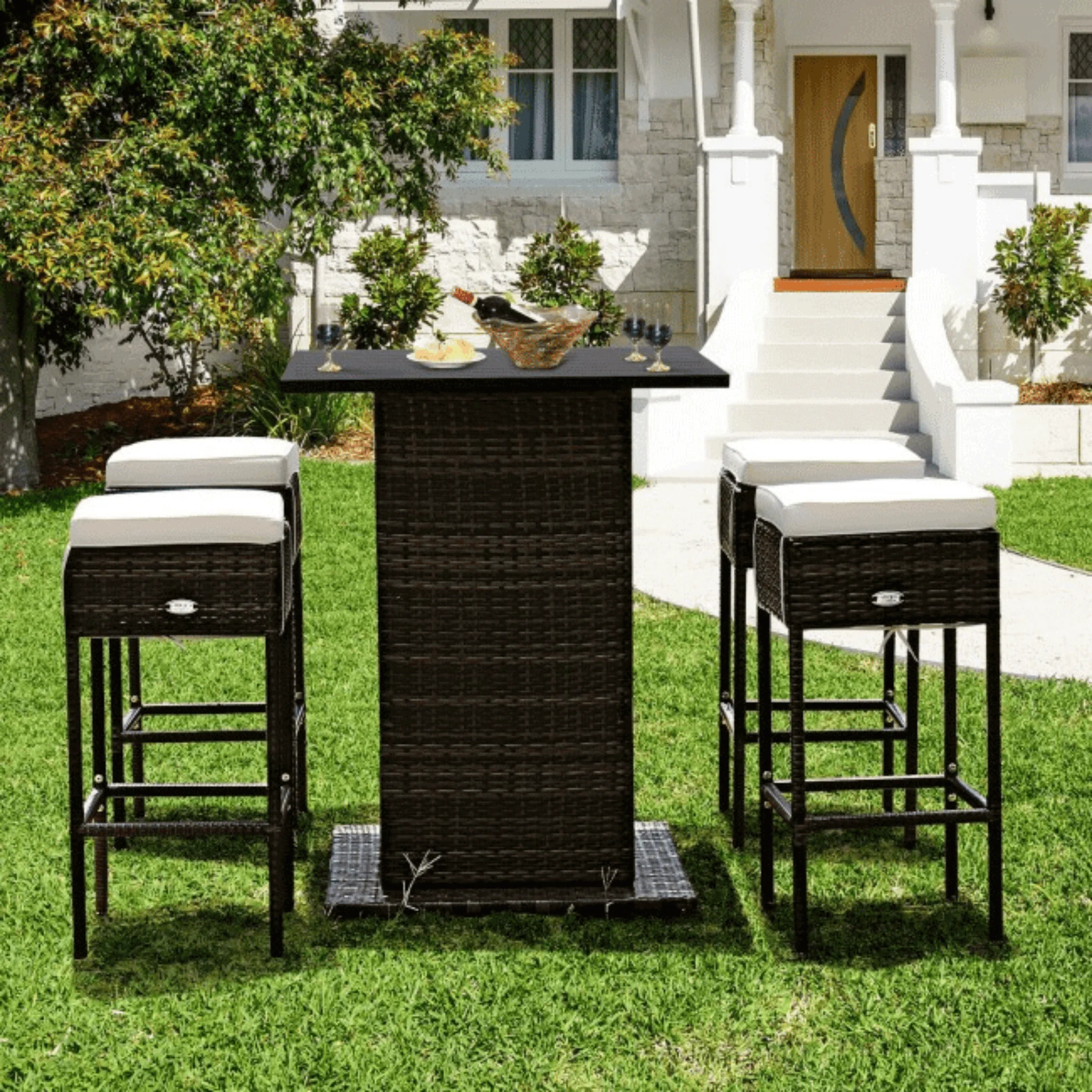 5PCS Patio Rattan Bar Table Stool Set With Hidden Storage Shelf & Cushions - Image 6