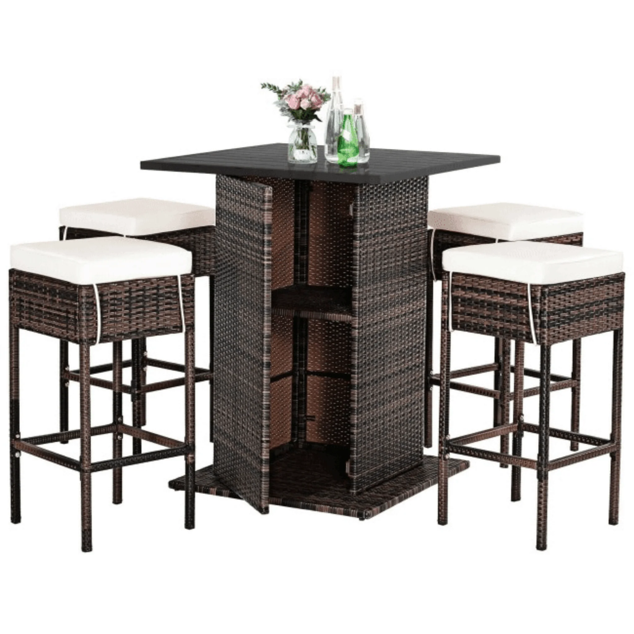 5PCS Patio Rattan Bar Table Stool Set With Hidden Storage Shelf & Cushions - Image 7
