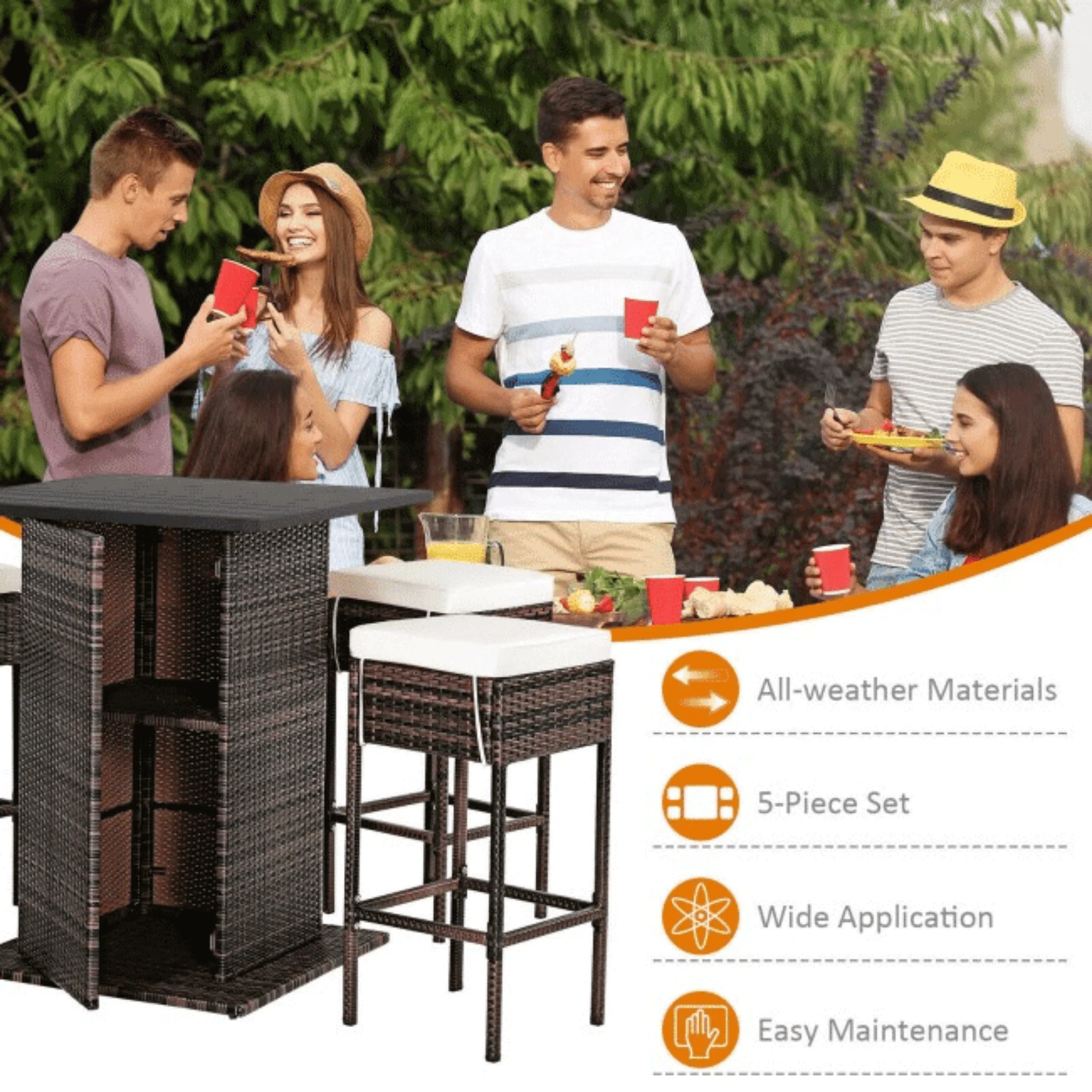 5PCS Patio Rattan Bar Table Stool Set With Hidden Storage Shelf & Cushions - Image 8