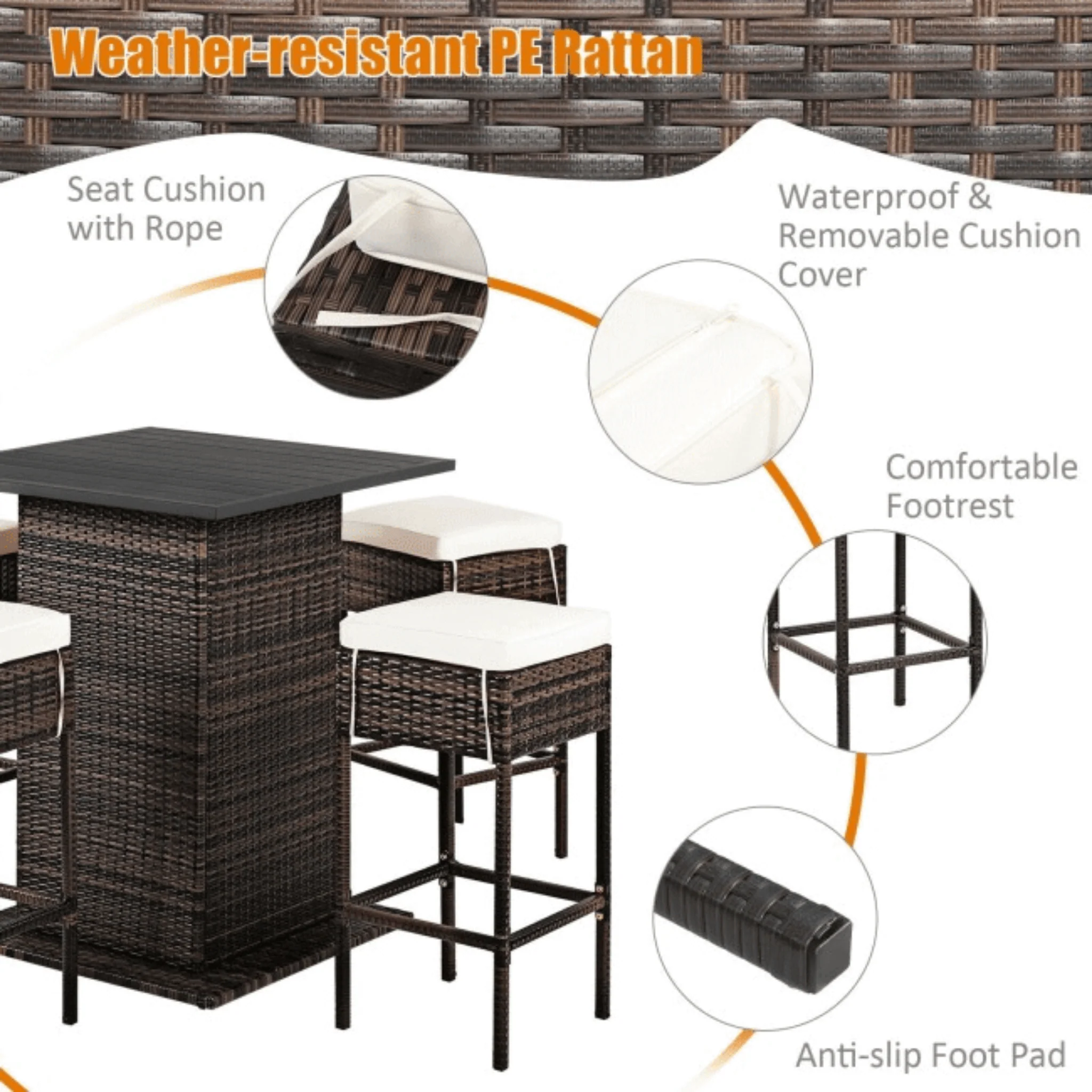 5PCS Patio Rattan Bar Table Stool Set With Hidden Storage Shelf & Cushions - Image 9