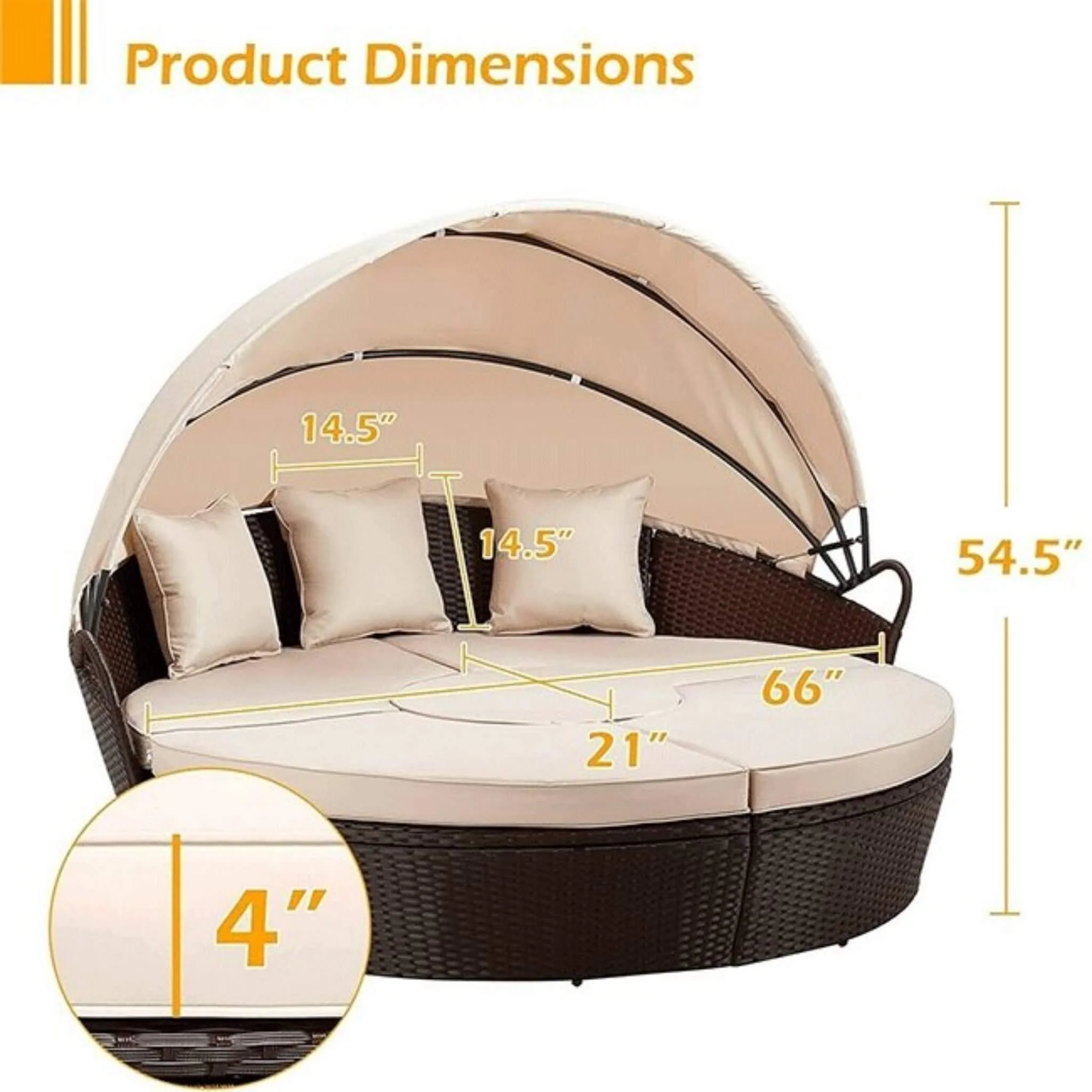 5PCS Round Outdoor Patio Rattan Wicker Daybed With Retractable Canopy, 66'' - Image 2