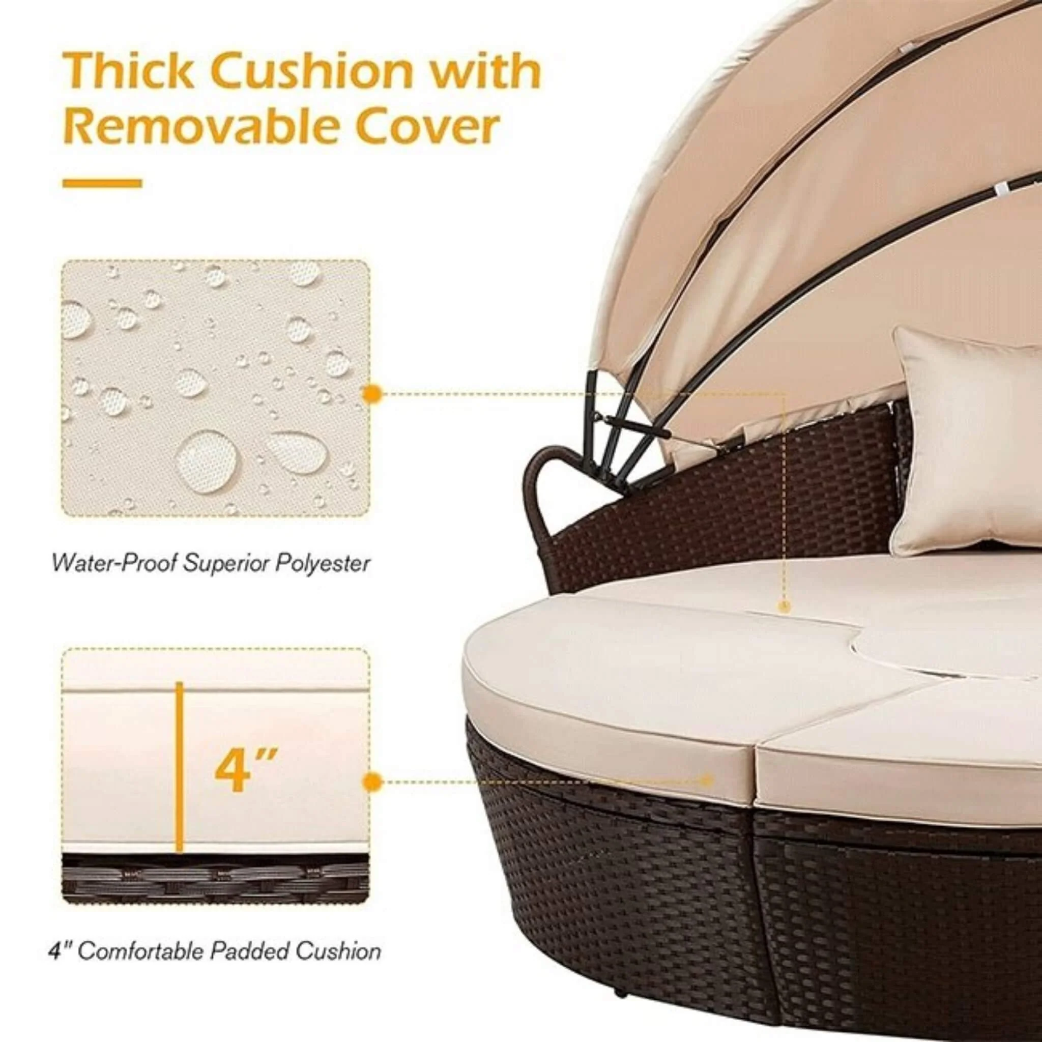 5PCS Round Outdoor Patio Rattan Wicker Daybed With Retractable Canopy, 66'' - Image 3
