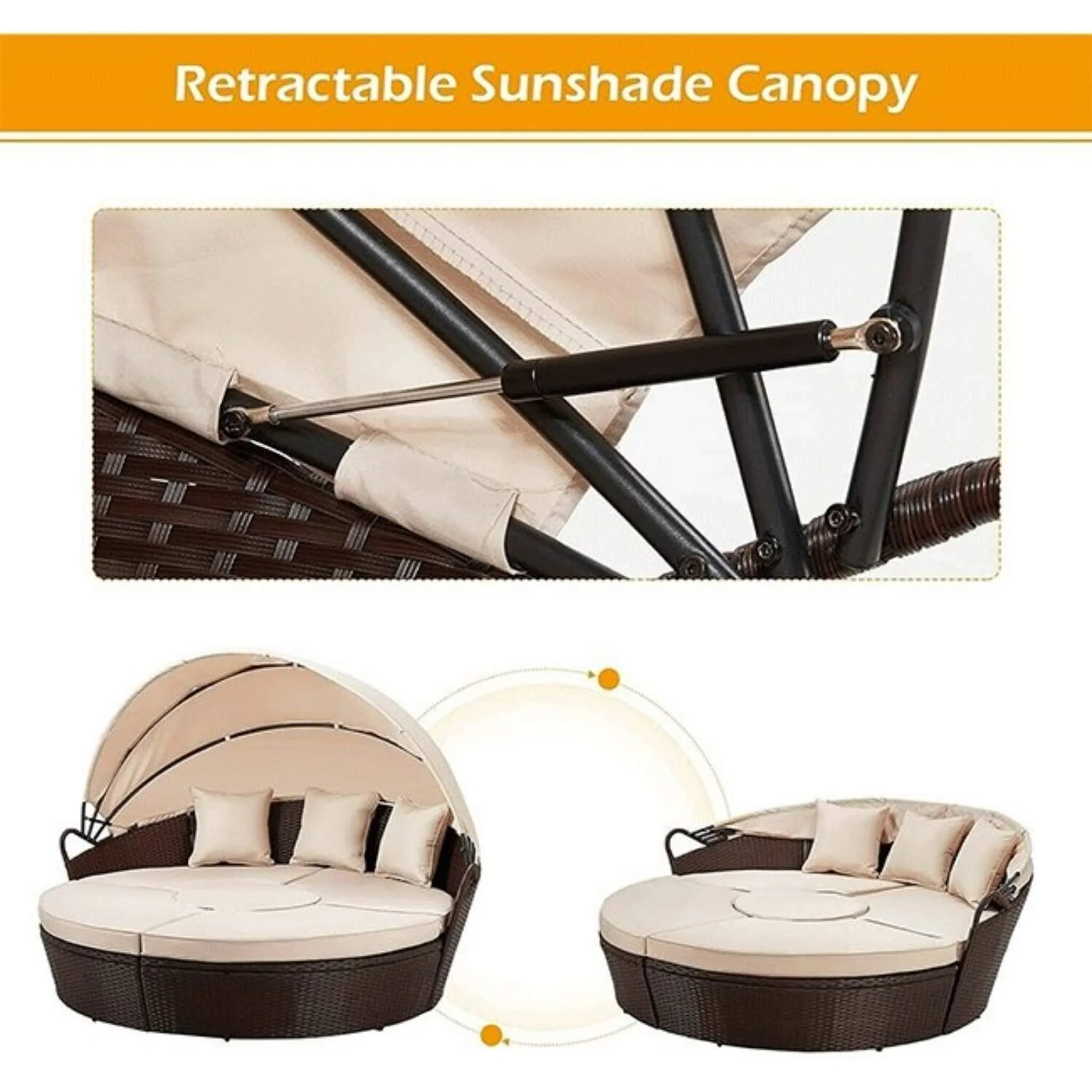 5PCS Round Outdoor Patio Rattan Wicker Daybed With Retractable Canopy, 66'' - Image 4