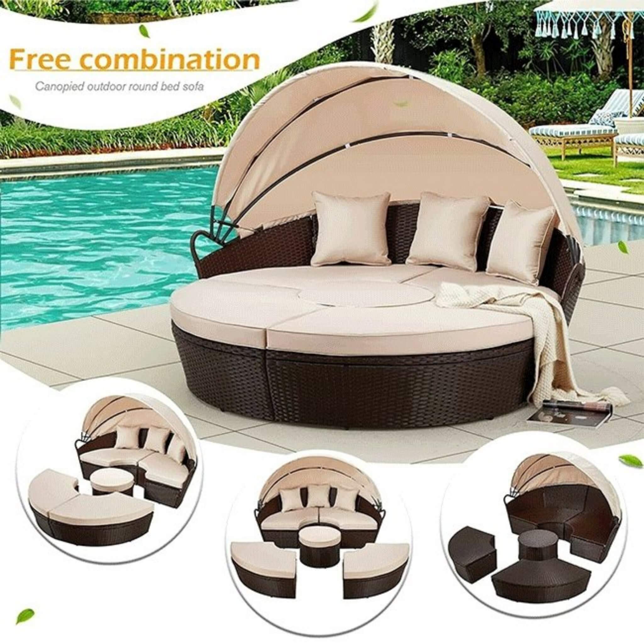 5PCS Round Outdoor Patio Rattan Wicker Daybed With Retractable Canopy, 66'' - Image 5