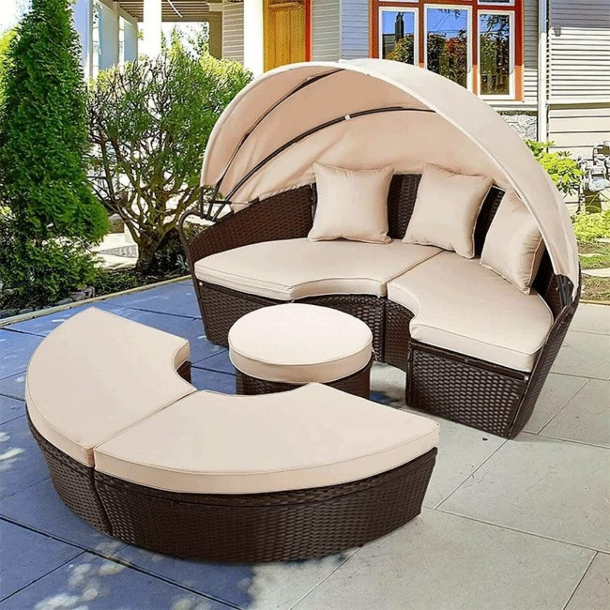 5PCS Round Outdoor Patio Rattan Wicker Daybed With Retractable Canopy, 66'' - Image 6