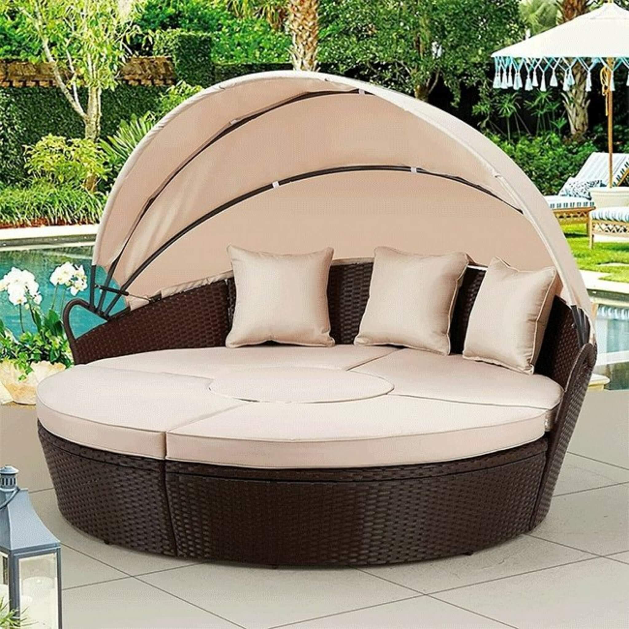 5PCS Round Outdoor Patio Rattan Wicker Daybed With Retractable Canopy, 66'' - Image 7