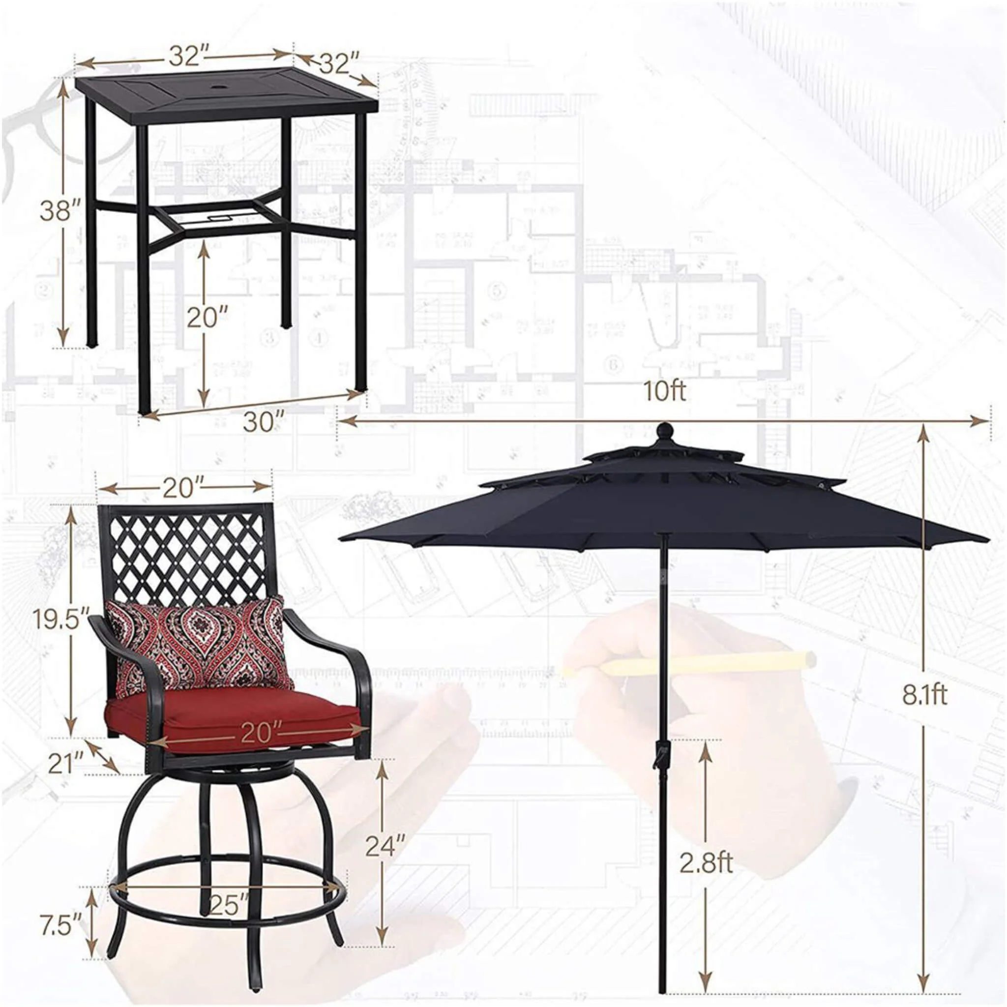 6PCS Outdoor Patio Bar Set Dining Table With Umbrella & Swivel Bar Stools - Umbrella Base NOT included (97053218) - Image 17