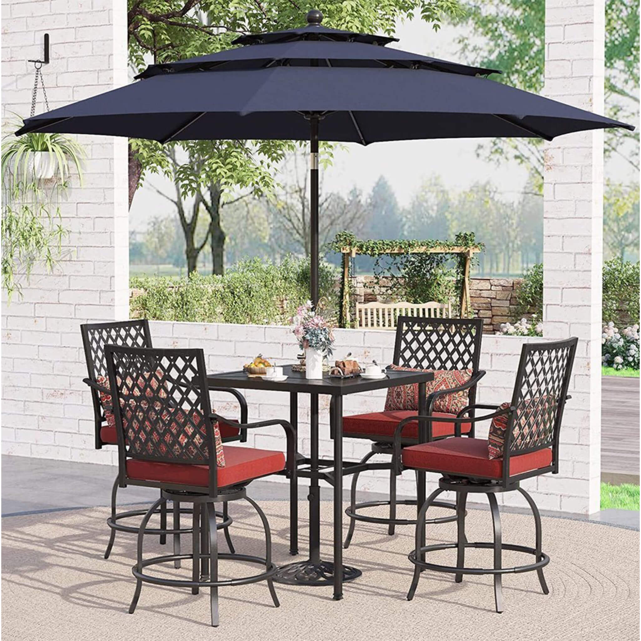 6PCS Outdoor Patio Bar Set Dining Table With Umbrella & Swivel Bar Stools - Umbrella Base NOT included (97053218) - Image 2