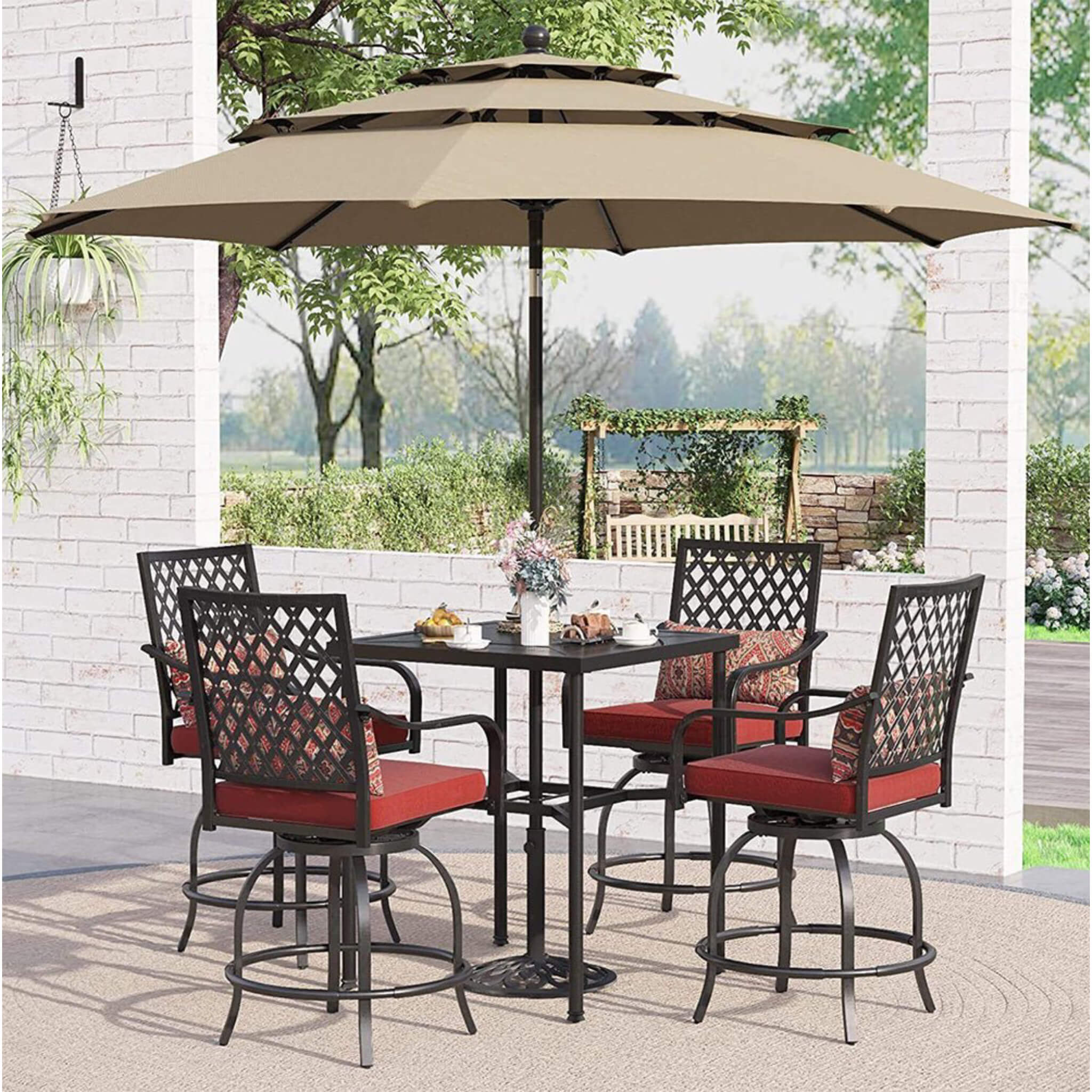 6PCS Outdoor Patio Bar Set Dining Table With Umbrella & Swivel Bar Stools - Umbrella Base NOT included (97053218) - Image 22