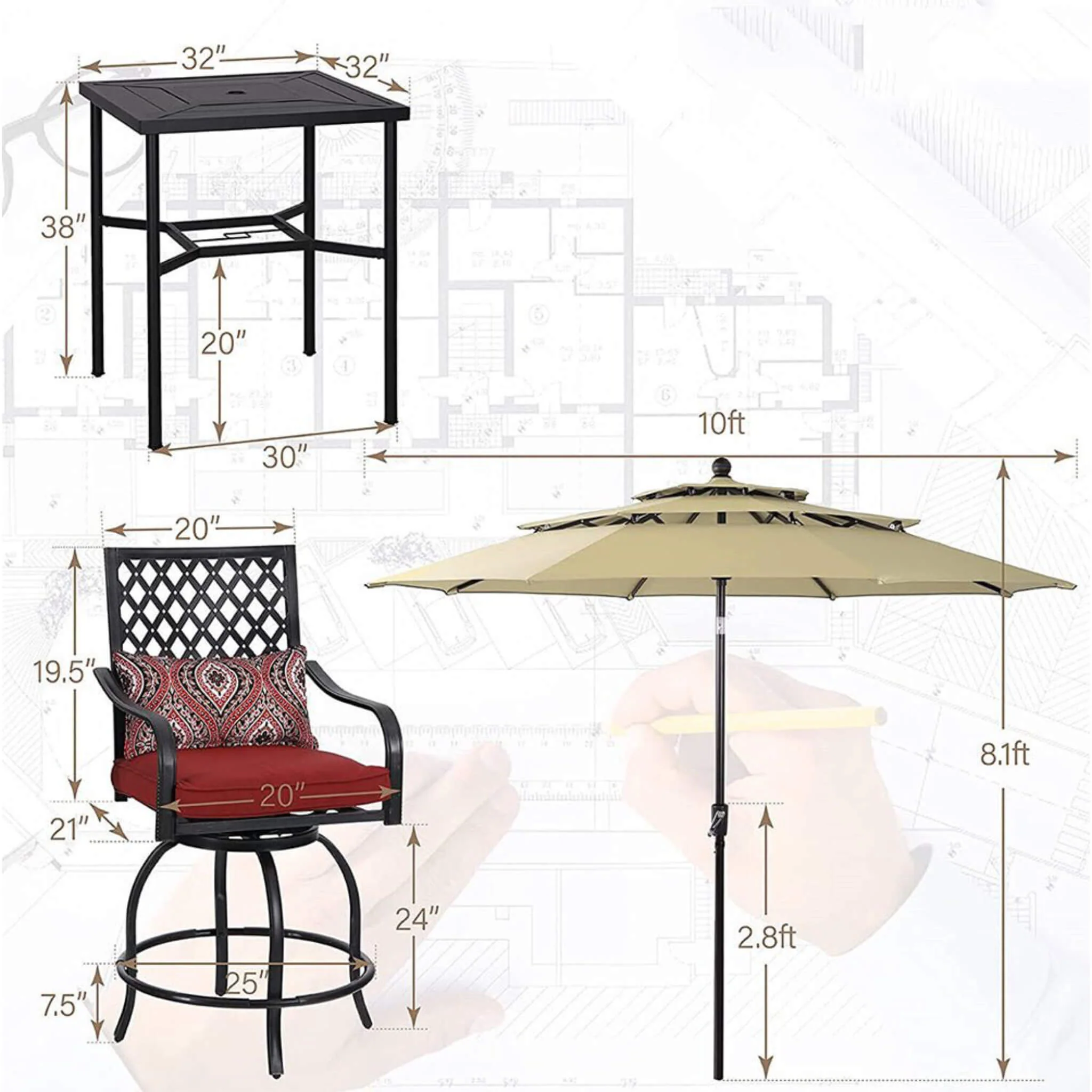 6PCS Outdoor Patio Bar Set Dining Table With Umbrella & Swivel Bar Stools - Umbrella Base NOT included (97053218) - Image 23