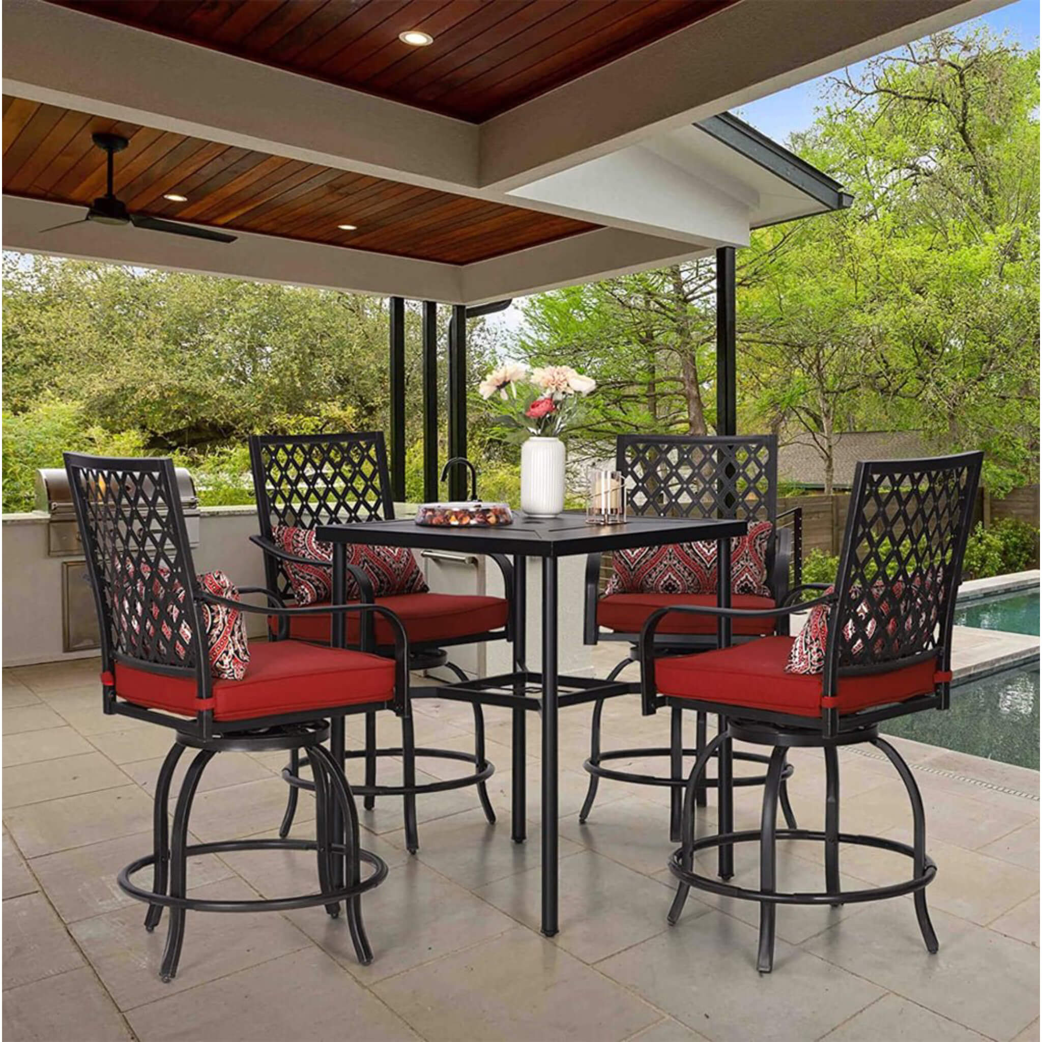 6PCS Outdoor Patio Bar Set Dining Table With Umbrella & Swivel Bar Stools - Umbrella Base NOT included (97053218) - Image 28