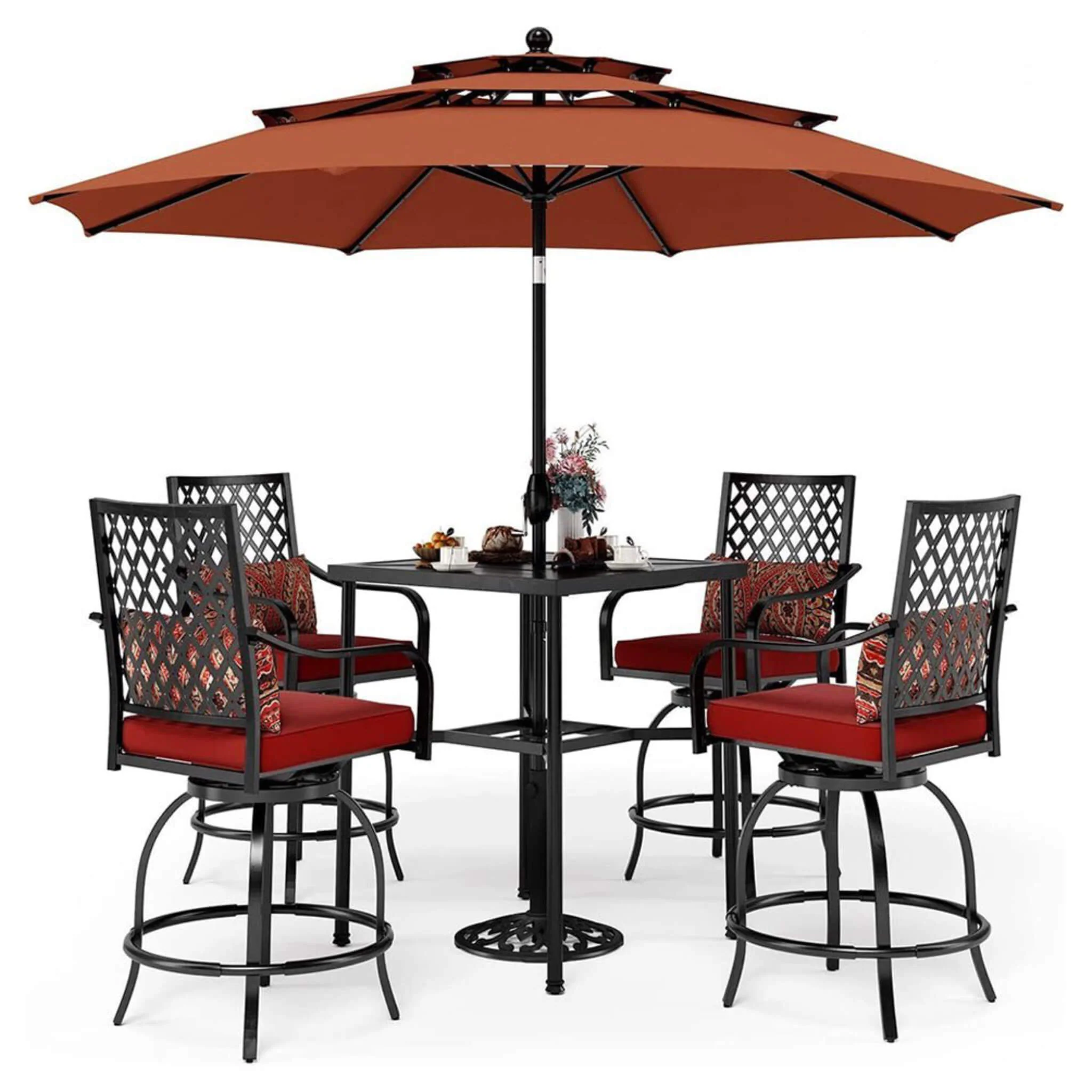 6PCS Outdoor Patio Bar Set Dining Table With Umbrella & Swivel Bar Stools - Umbrella Base NOT included (97053218) - Image 29