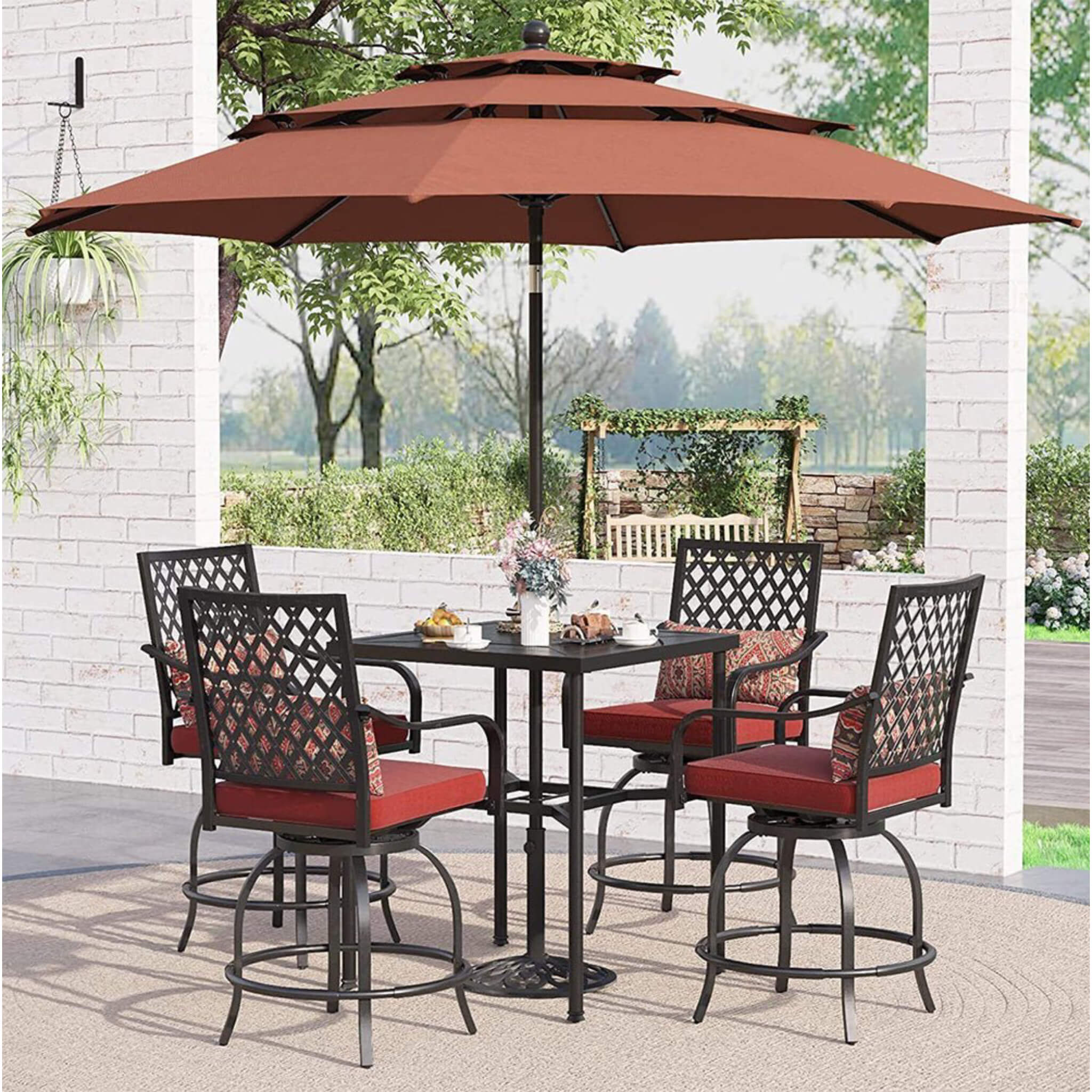 6PCS Outdoor Patio Bar Set Dining Table With Umbrella & Swivel Bar Stools - Umbrella Base NOT included (97053218) - Image 3