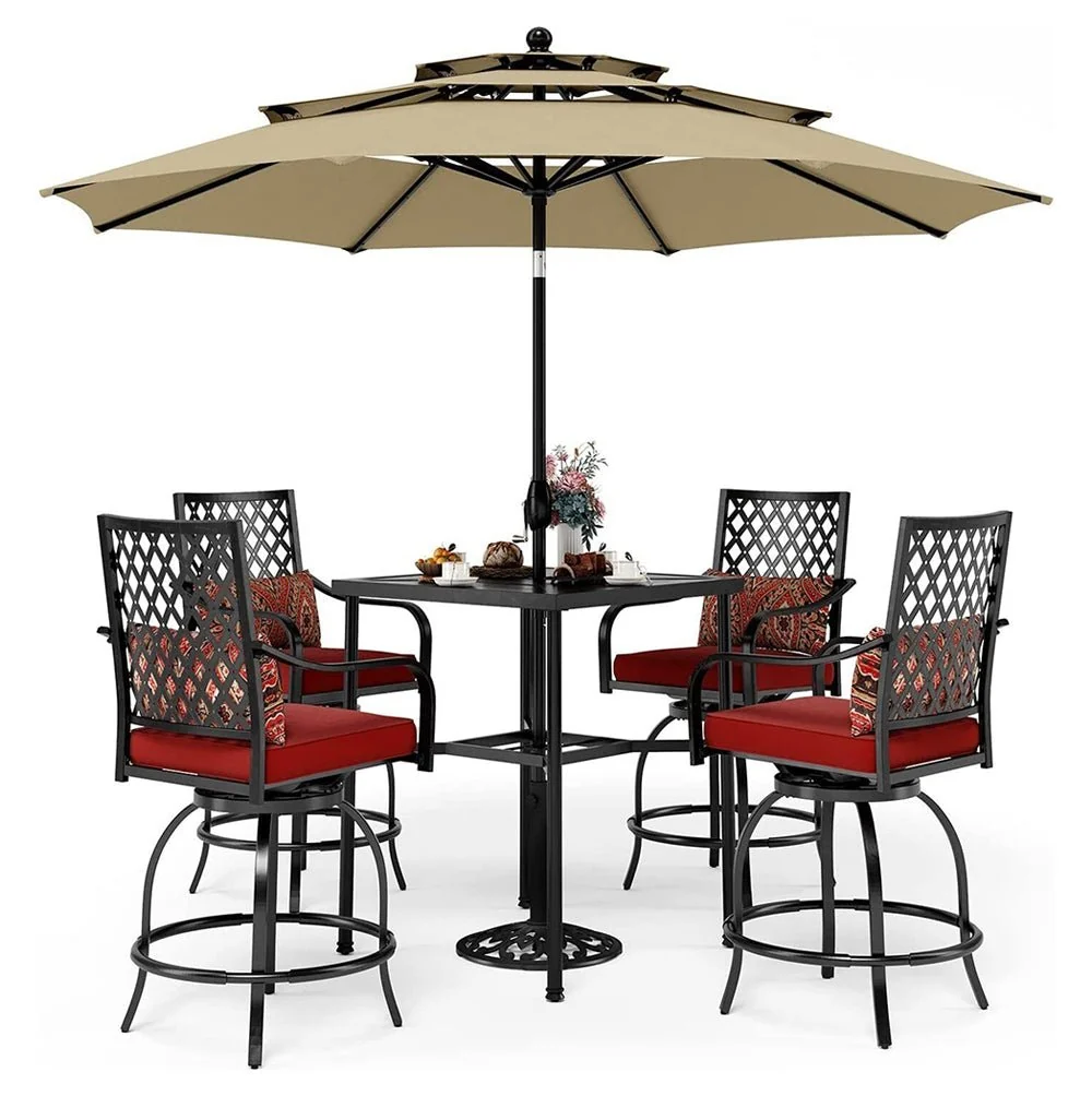 6PCS Outdoor Patio Bar Set Dining Table With Umbrella & Swivel Bar Stools - Umbrella Base NOT included (97053218) - Image 30