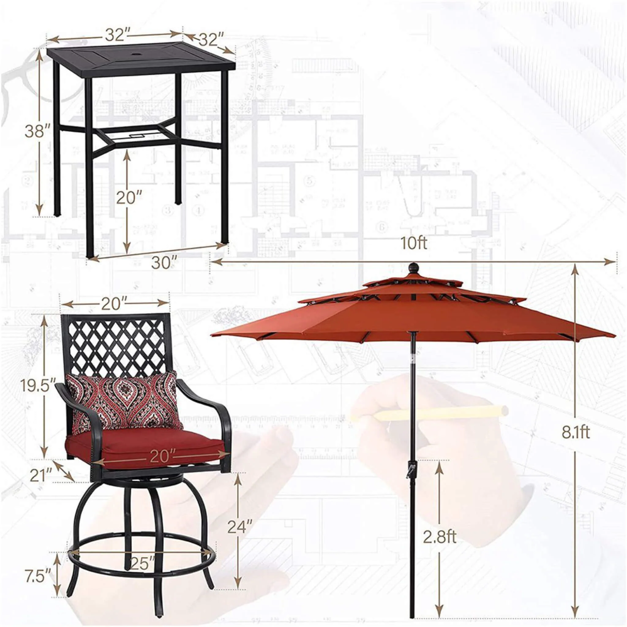 6PCS Outdoor Patio Bar Set Dining Table With Umbrella & Swivel Bar Stools - Umbrella Base NOT included (97053218) - Image 4