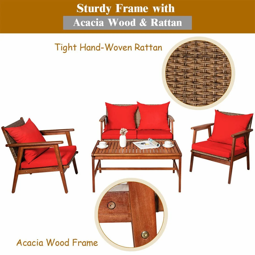 8PCS Patio Rattan Furniture Set With Acacia Wood Frame & Cushioned Sofa Chairs (97415280) - Image 2