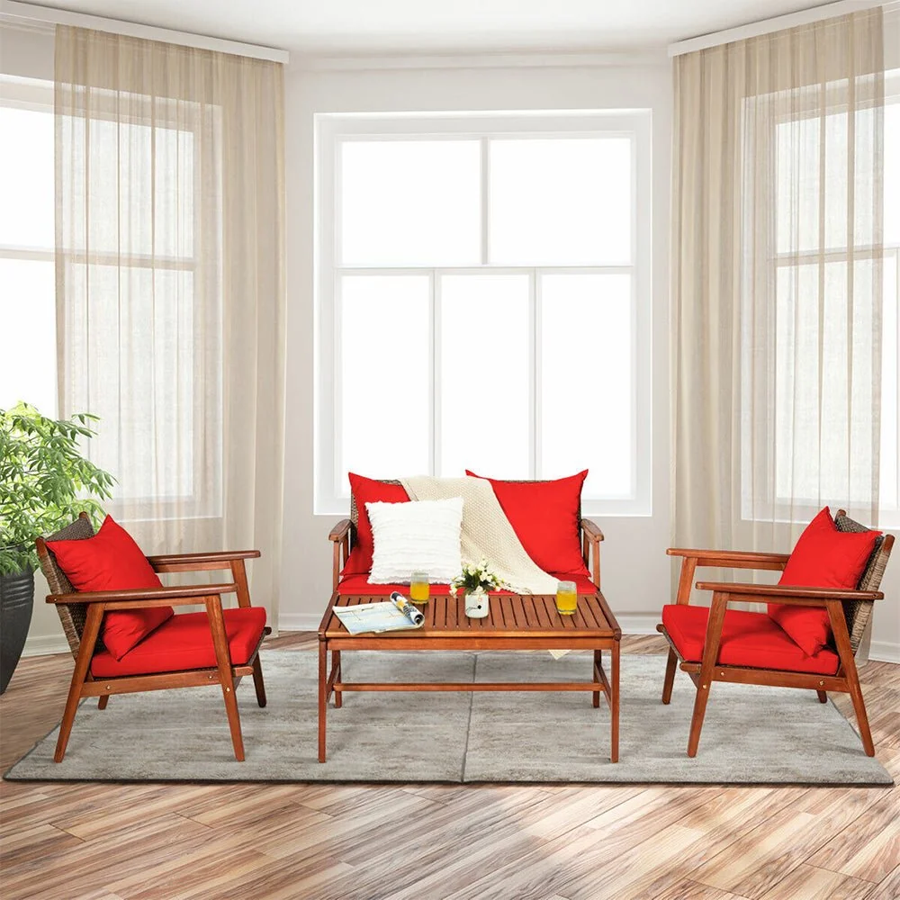 8PCS Patio Rattan Furniture Set With Acacia Wood Frame & Cushioned Sofa Chairs (97415280) - Image 3