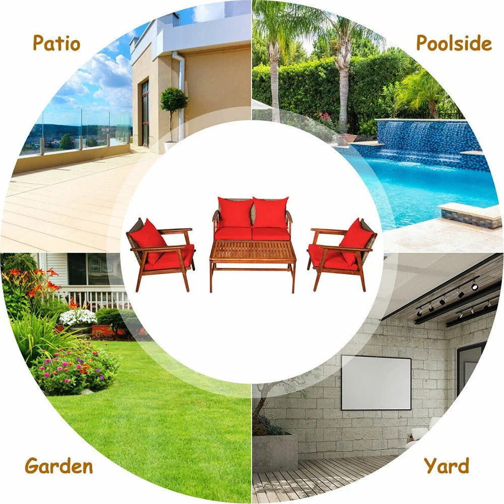 8PCS Patio Rattan Furniture Set With Acacia Wood Frame & Cushioned Sofa Chairs (97415280) - Image 4
