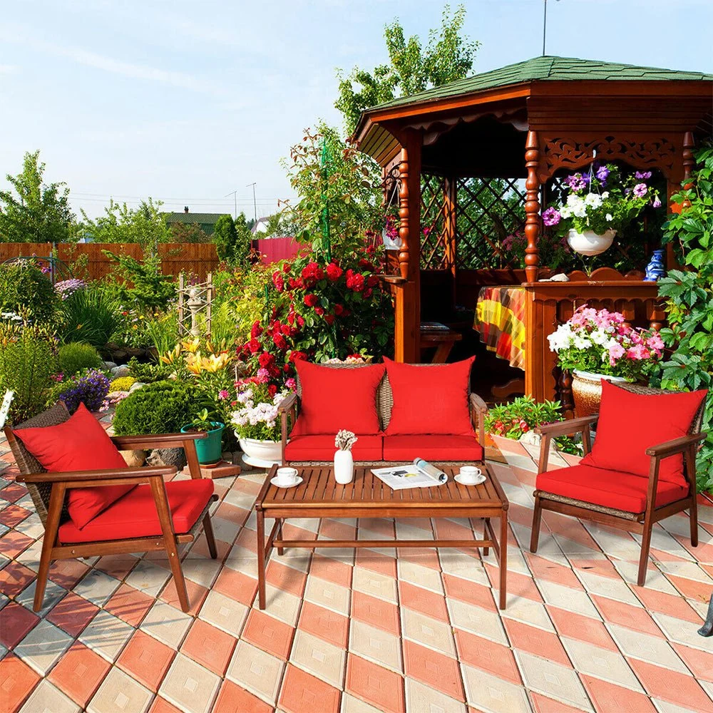 8PCS Patio Rattan Furniture Set With Acacia Wood Frame & Cushioned Sofa Chairs (97415280) - Image 5