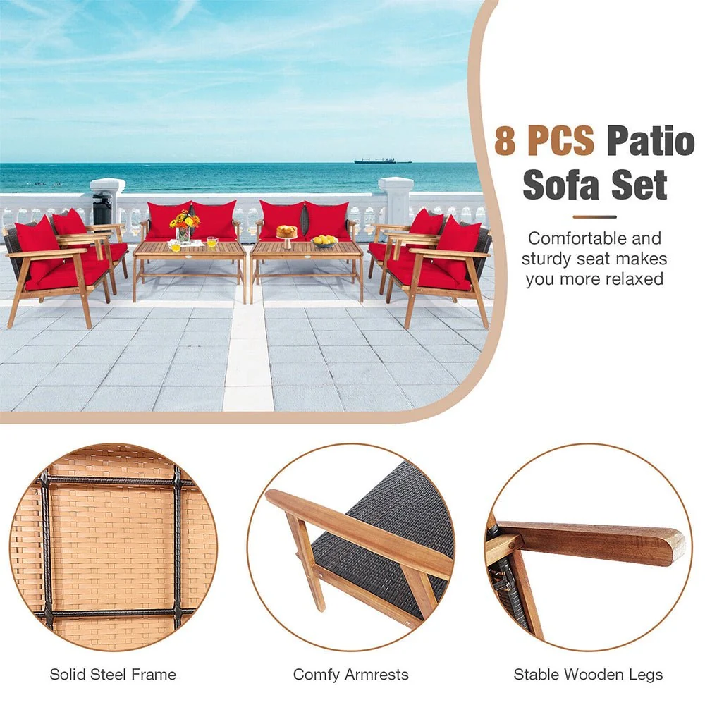8PCS Patio Rattan Furniture Set With Acacia Wood Frame & Cushioned Sofa Chairs (97415280) - Image 6
