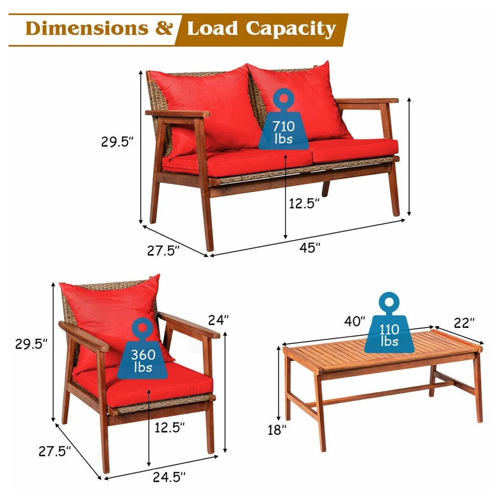 8PCS Patio Rattan Furniture Set With Acacia Wood Frame & Cushioned Sofa Chairs (97415280) - Image 7