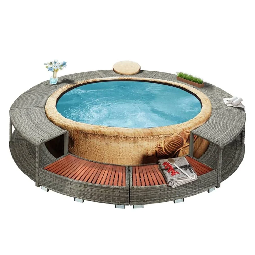 9FT Premium Round Outdoor Rattan Hot Tub Surround Frame With Storage Compartment, Gray (96315274) - Image 8