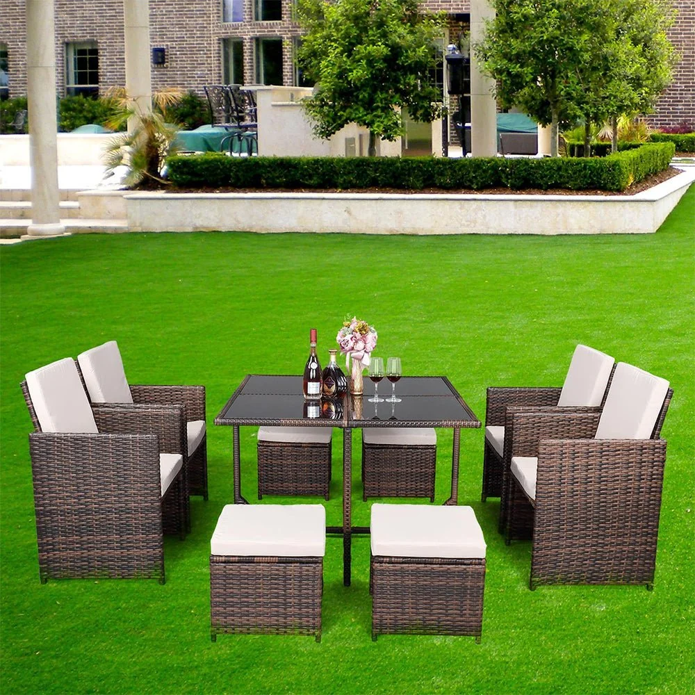 9PCS Outdoor Patio Sectional Wicker Rattan Furniture Set W/ Tempered Glass Table (98457316) - Image 12