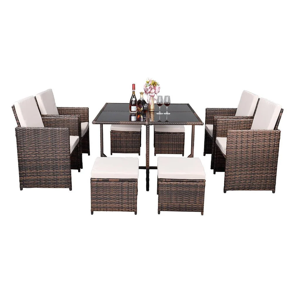 9PCS Outdoor Patio Sectional Wicker Rattan Furniture Set W/ Tempered Glass Table (98457316) - Image 2