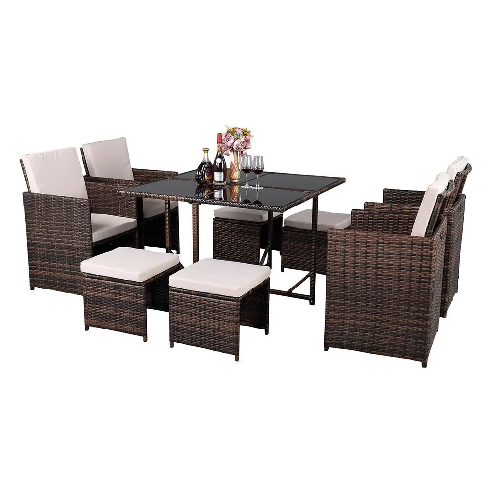 9PCS Outdoor Patio Sectional Wicker Rattan Furniture Set W/ Tempered Glass Table (98457316) - Image 3