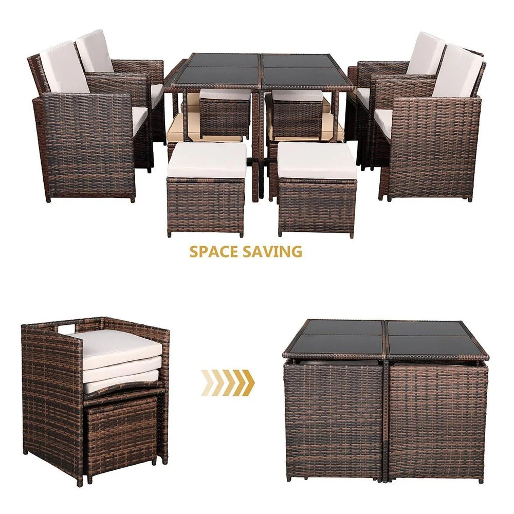 9PCS Outdoor Patio Sectional Wicker Rattan Furniture Set W/ Tempered Glass Table (98457316) - Image 5