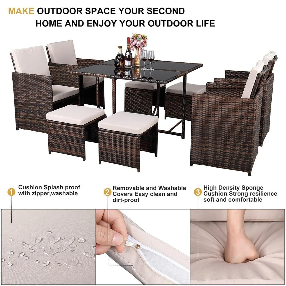 9PCS Outdoor Patio Sectional Wicker Rattan Furniture Set W/ Tempered Glass Table (98457316) - Image 6