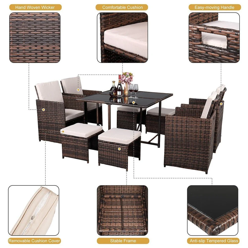 9PCS Outdoor Patio Sectional Wicker Rattan Furniture Set W/ Tempered Glass Table (98457316) - Image 8