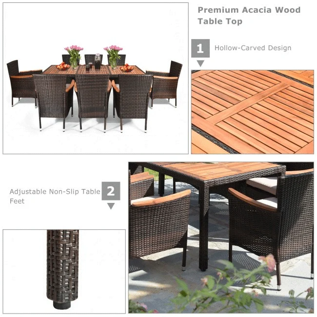 9PCS Patio Rattan Dining Set W/ Stackable Cushioned Chairs & Acacia Wood Table Top - Image 10